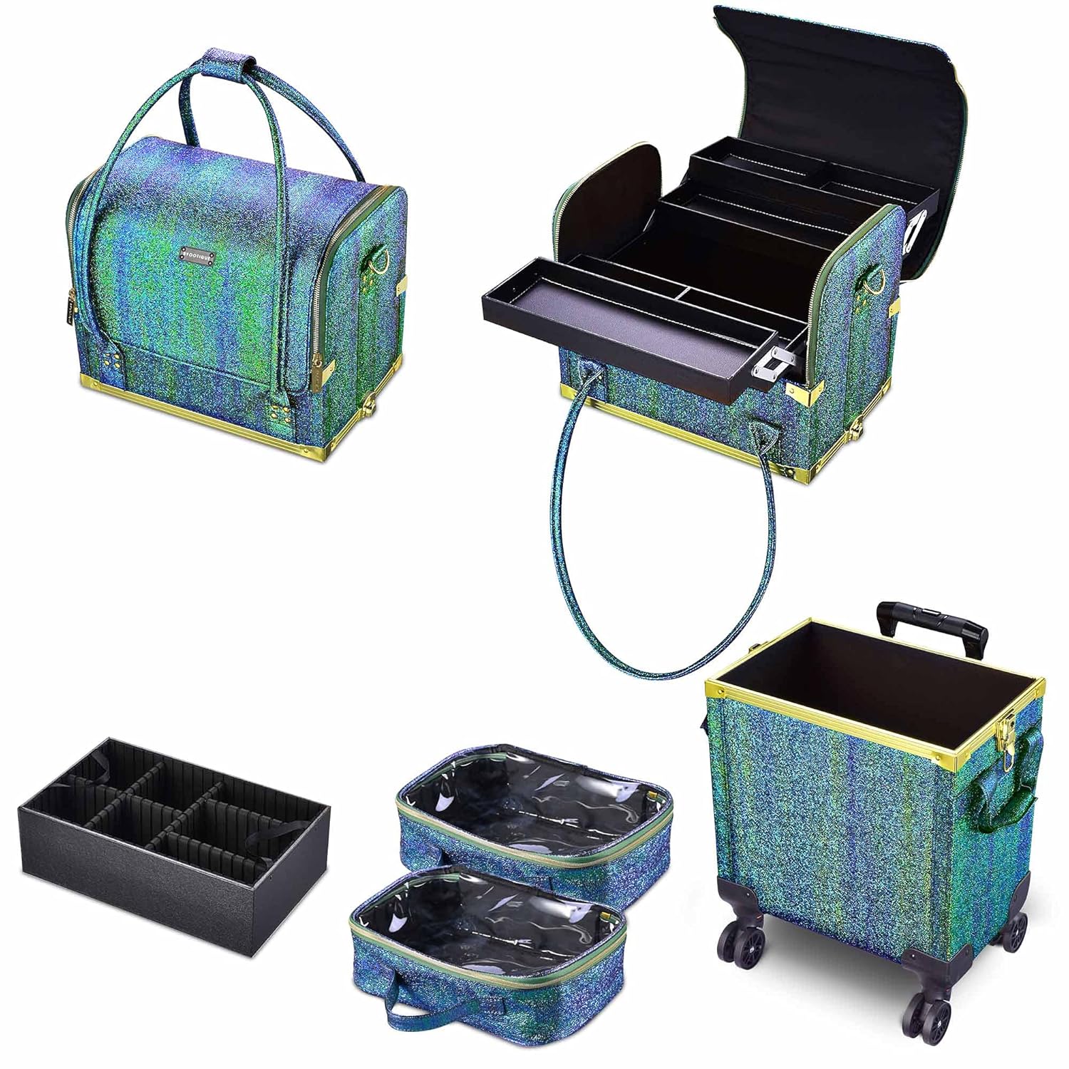 BYOOTIQUE 3in1 Leather Makeup Artist Travel Train Case Lockable Rolling Cosmetic Trolley with Removable Belt Organizer Storage Hand Bag Malachite Green : Beauty & Personal Care