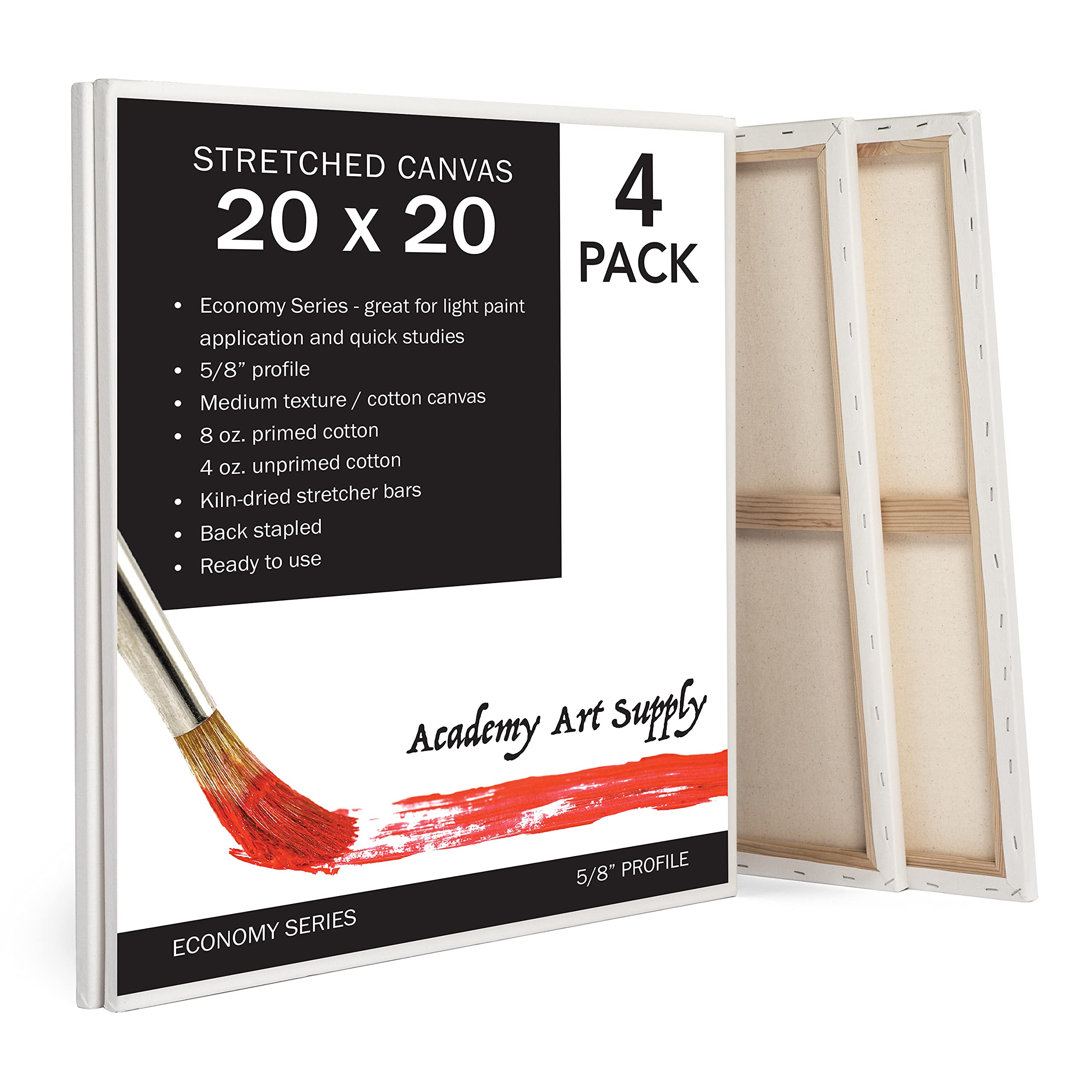 Academy Art Supply Painting Stretched Canvas (20x20) - Value Pack of 4 Blank Stretched Canvas for Painting | Perfect Gift for Painters, Students & Kids | Durable & Sturdy Construction