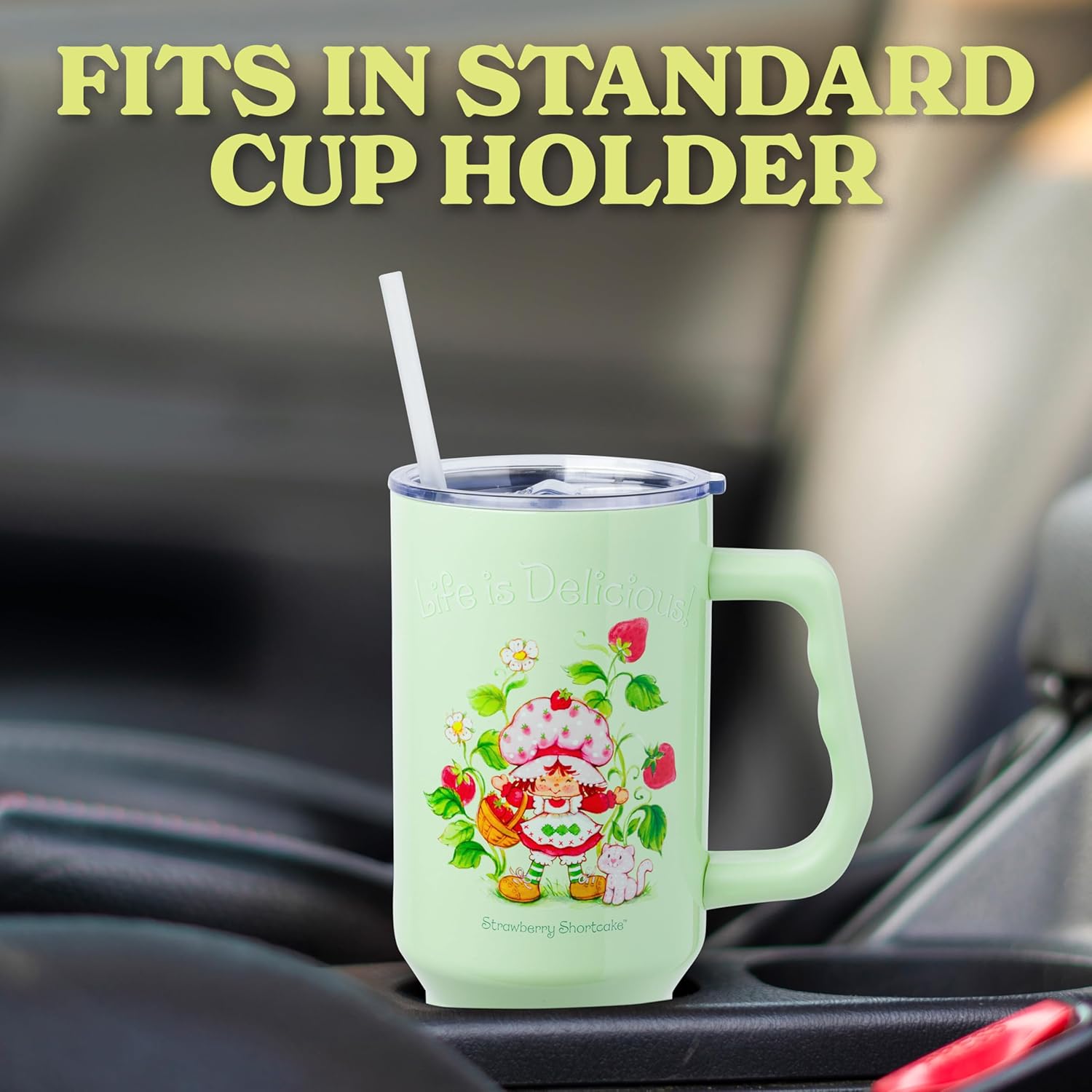 Silver Buffalo Strawberry Shortcake and Custard “Life is Delicious!” Double Walled Stainless Steel Tumbler with Handle, Fits in Standard Cup Holder, 40 Ounces - Image 7