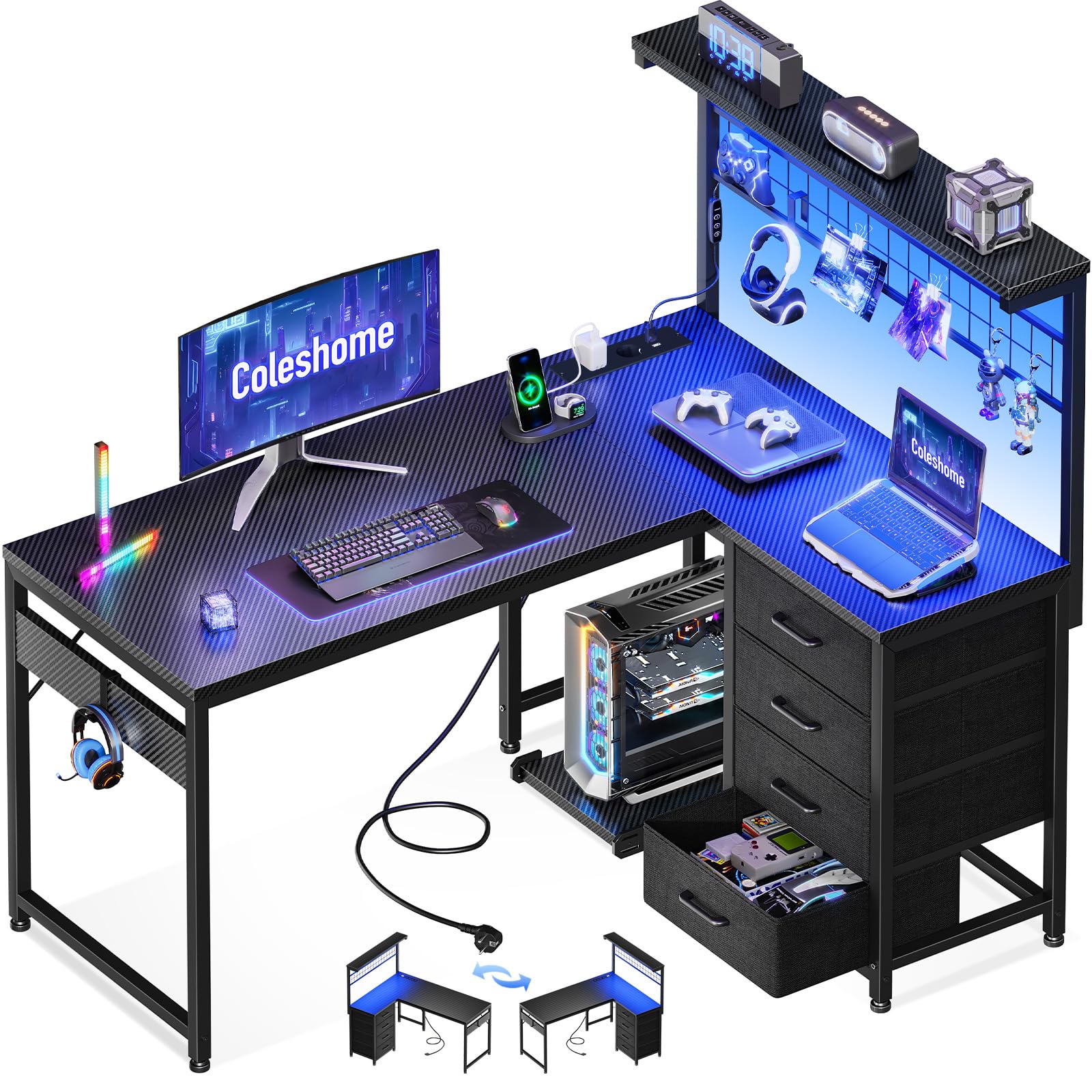 Coleshome Escritorio Gaming con LED, 110 x 80 cm Reversible Mesa Gaming con Cajones y Tomas de Corriente, Escritorio Esquinero con Estantes y Espacio de Almacenamiento, Fibra de Carbono Negra