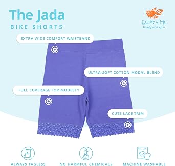Lucky & Me Girls Bike Shorts, Super Soft Cotton Modal Blend with Lace Trim, Jada 3 Pack