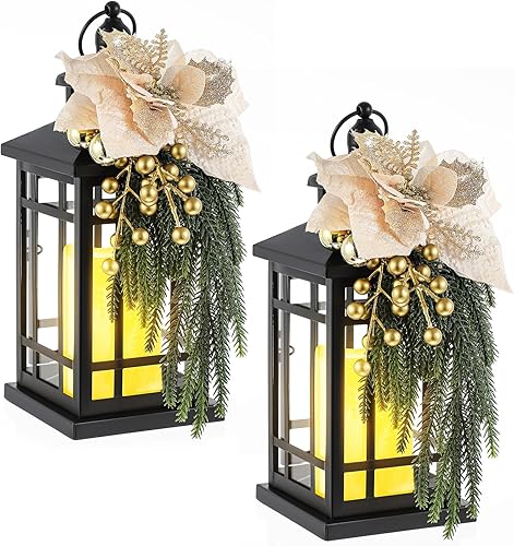 ROCEEI 2 faroles decorativos de Navidad, a pilas, sin llama, parpadeantes, de 14 pulgadas, vintage, LED, colgantes, centros de mesa de Navidad para