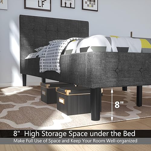Miniatura 3 de Giantex Base de cama tapizada tamaño individual, cama de plataforma con cabecero copetudo con botones y soporte de listones de madera fuerte, base