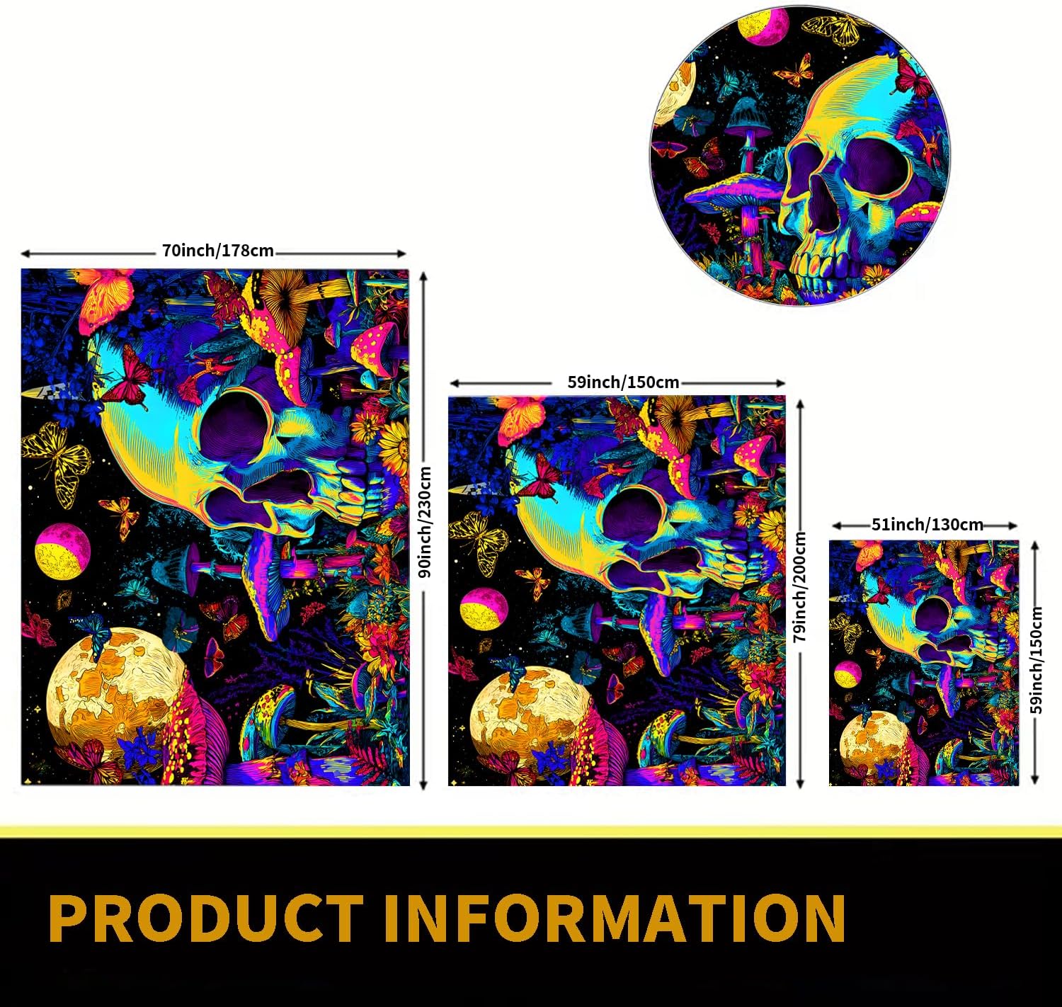 BSFHH Black Light Tapestry – UV Reactive Glow in the Dark Wall Hanging, Spooky Night Scene with Ghosts & Pumpkins, Haunting Home Decor for Parties, Bedroom, or Dorm (skull 3, 90L x 70W, Unframed)