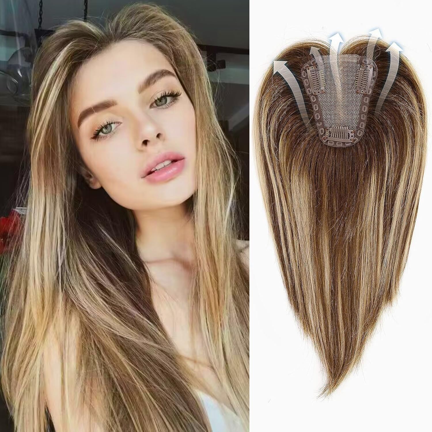 HAIRCUBE Remy Human Hair Toppers for Women, 100% 3.5in*4in Hand-Tied Hair Toppers with Swiss Lace Base 12in - P4/27/4