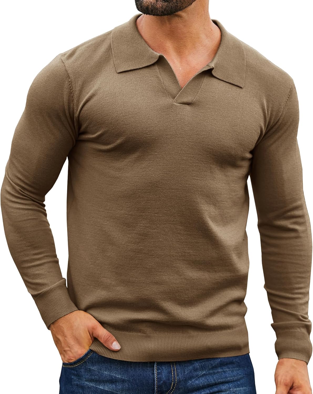 Csqopt Mens Knit Polo Shirts Casual V Neck Slim Fit Polo Shirts Long Sleeve Wool Knit Pullover Sweater