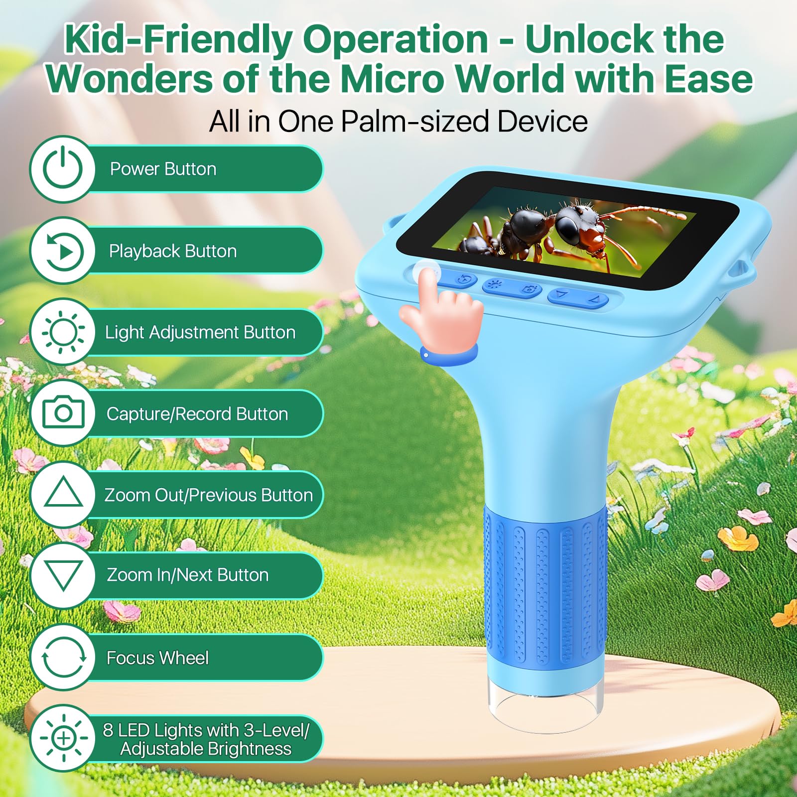Mikroskop für Kinder, digital, tragbar, 7,6 cm (3,0 Zoll), großes Display, 1000 x Mikroskop, wiederaufladbar, Set mit biologischen Klingen, Lupe, wissenschaftliches Geschenk für Kinder