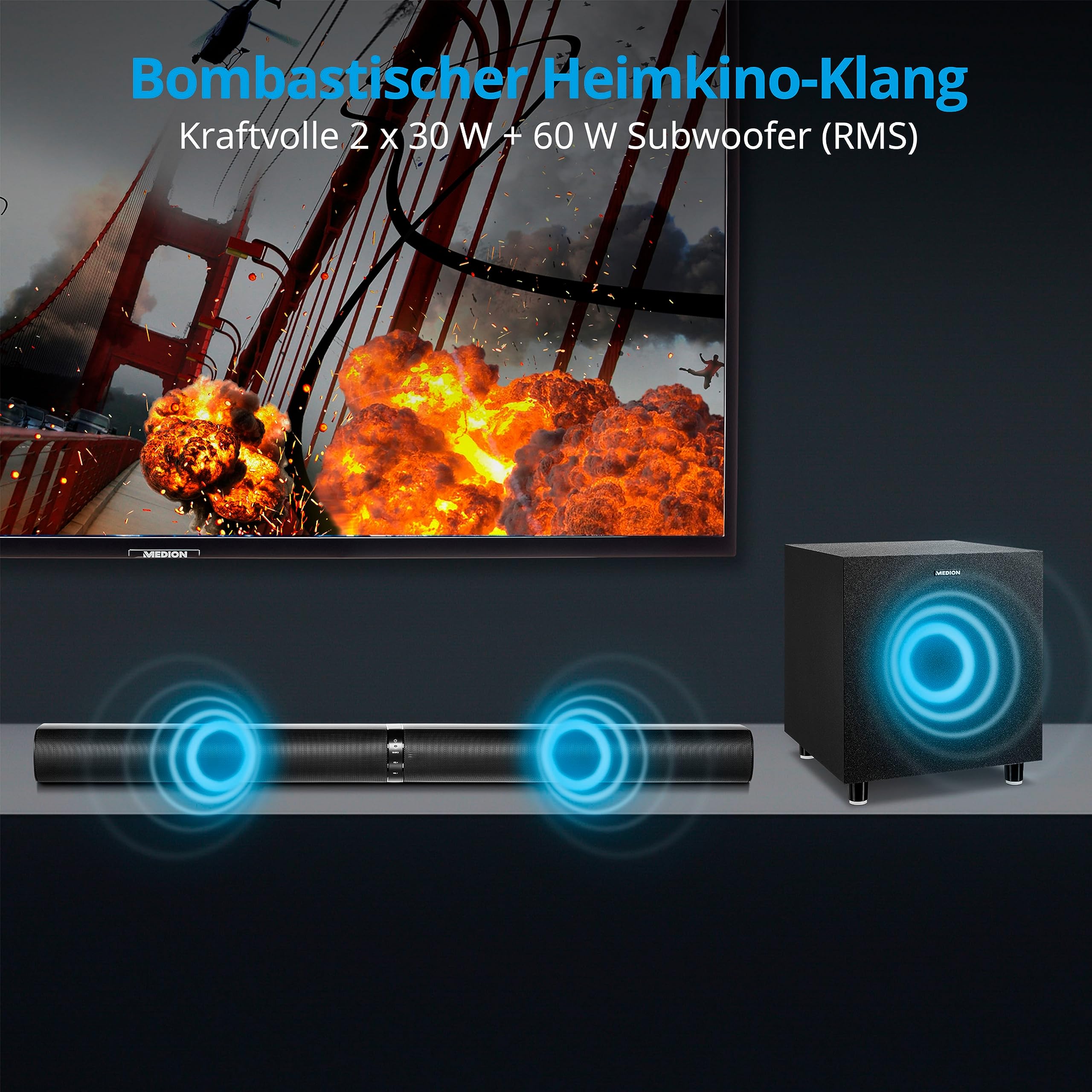 MEDION P64150 2 w 1 Convertible Bluetooth Soundbar TV z subwooferem radiowym (soundbar 2.1, 2 x 30 W, subwoofer, 60 W, montaż ścienny, HDMI ARC z CEC, AUX, wejście optyczne)