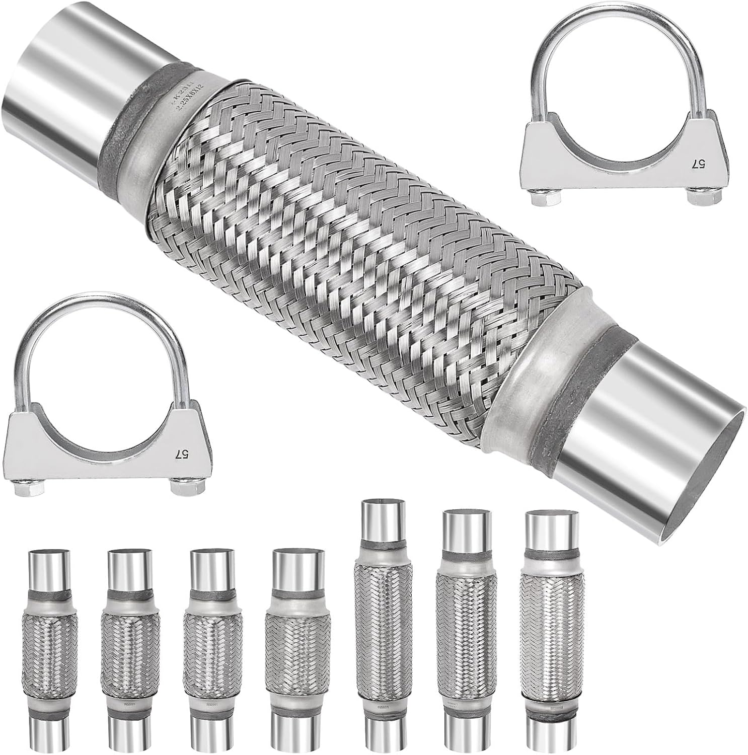 Swpeet 3Pcs 2.2 X 7.9 Inches Exhaust Flex Pipe with 2.2 Inches Exhaust U Clamp Kit, Universal Type Stainless Steel Double Braid Zinc Pipes Exhaust Flex Tube Ideal for Heavy Duty and Cars