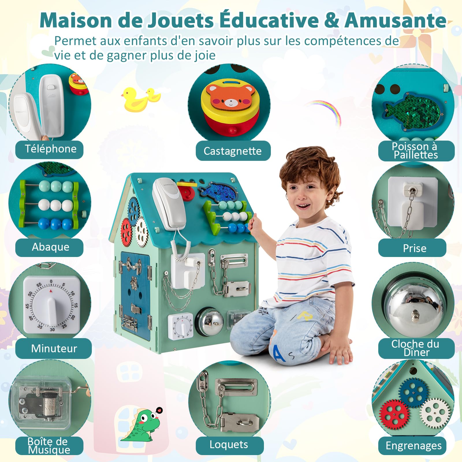 COSTWAY Cube d'Activité en Bois en Forme Maison avec Espace de Rangement Intérieur, Maison de Jouet Educative avec Coins Ronds, 33x33x45cm, Cadeau Précoces pour Garçon et Filles de 3 Ans+ (Bleu)