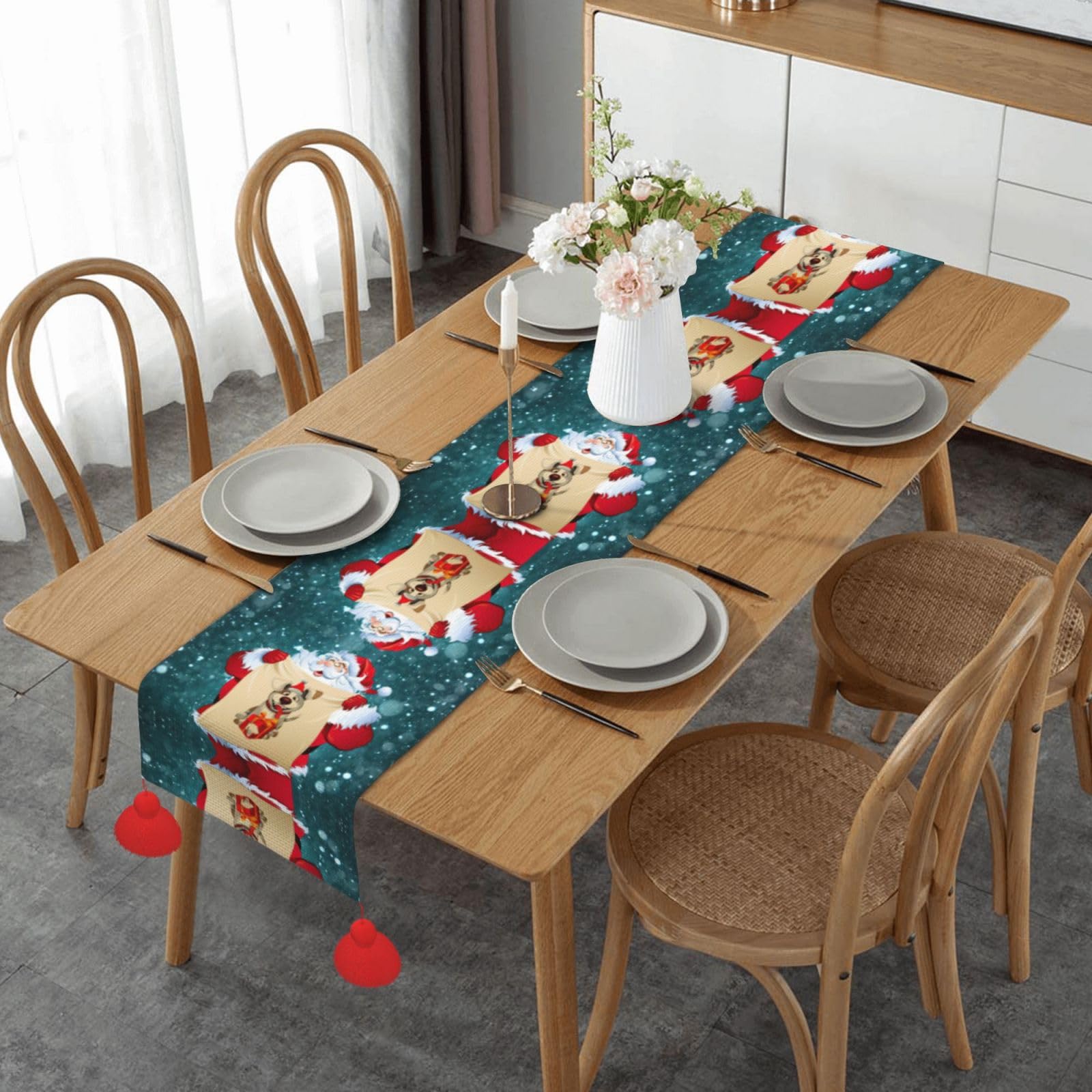 Chemin de table Merry Christmas 152,4 cm avec pompons idée cadeau