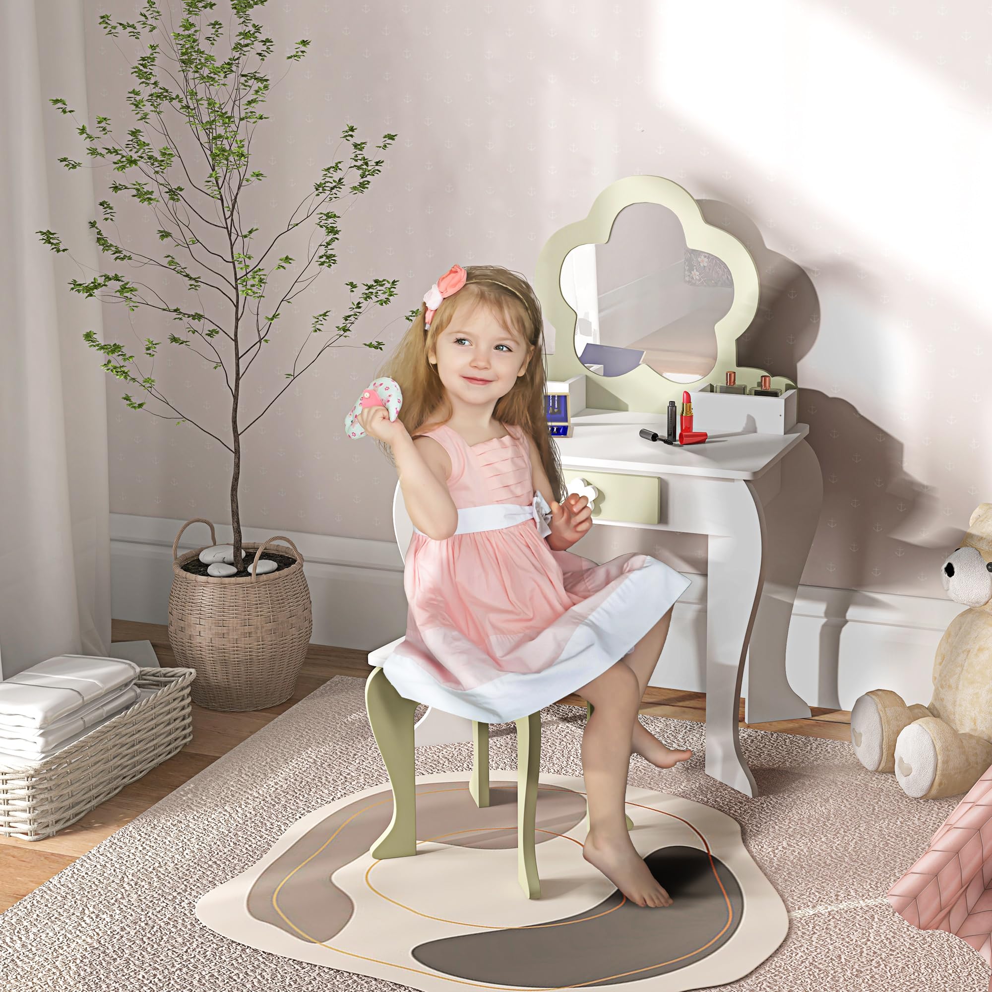 ZONEKIZ Tocador para Niñas con Espejo y Taburete Tocador de Maquillaje para Niñas de 3-6 Años con 2 Cajas y 1 Cajón 55x34x87,5 cm Blanco y Verde Pastel