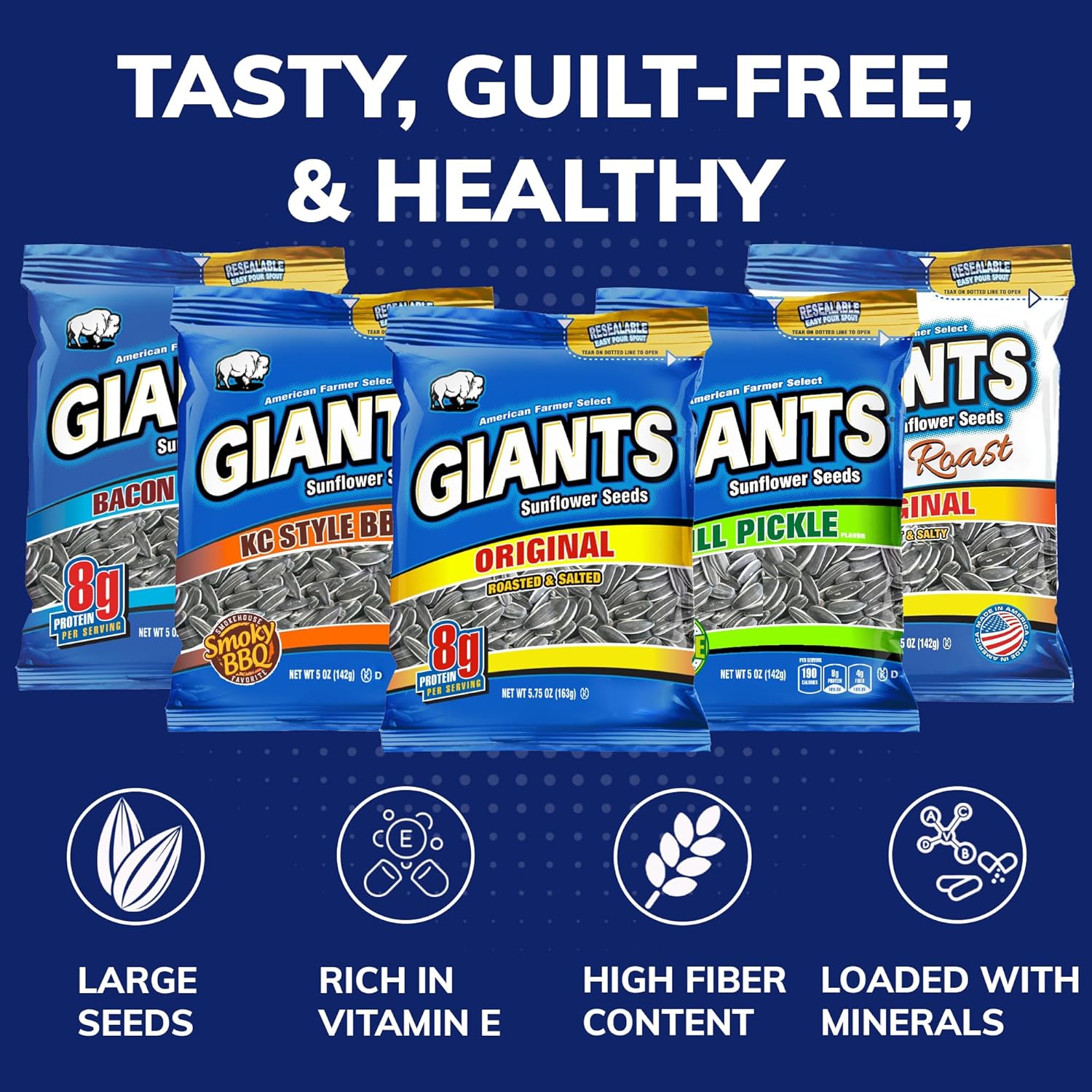 GIANTS Sunflower Seeds Variety Pack - Flavored Sunflower Seeds to Eat in Bulk, Dill Pickle, Bacon Ranch, Kettle Roast Sweet & Salty, Original, BBQ, High Protein Snack - 5 oz Bags (5 Pack)