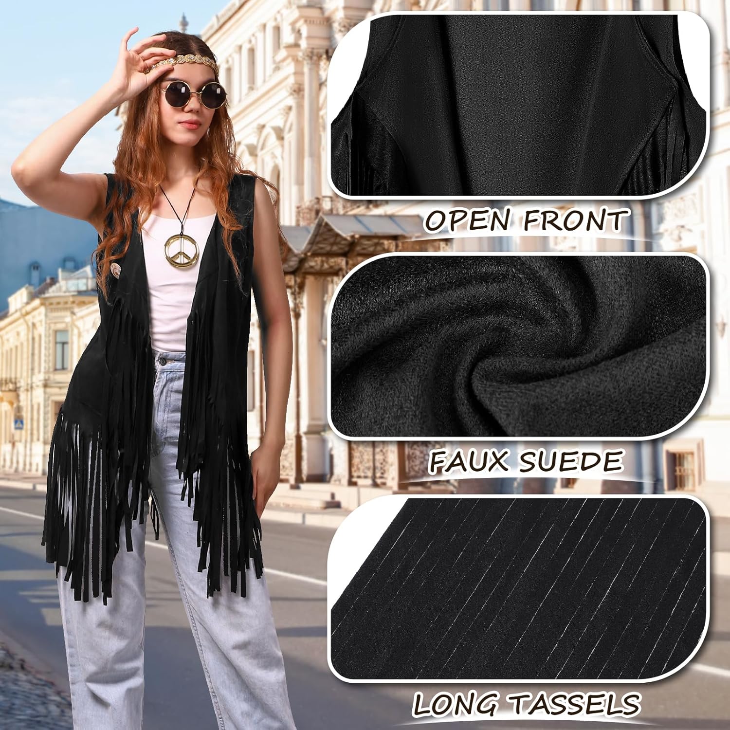 60s 70s Outfits for Women Hippie Costume Clothes Set 70s Costume Tops Women Fringe Hippie Vest for Halloween - Image 2