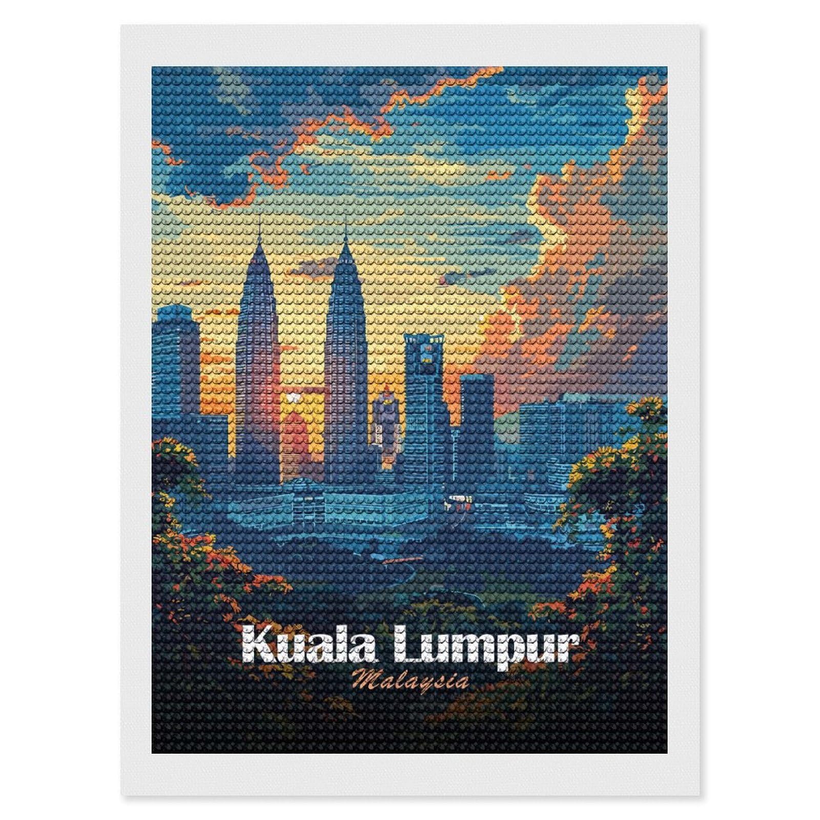 Junmoney Kuala Lumpur Skyline at Sunset Diamond Painting Canvas Set 12"x16", for Women, Mindful Craft Activity, Cosy Home Accent, Festive Craft Gift
