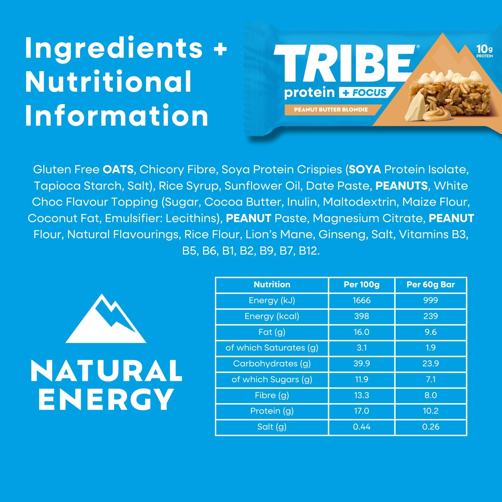 TRIBE Protein + Focus Bar – Blondie au beurre d'arachide – 10 g de protéines, 9 nutriments énergétiques et concentrés, crinière de lion, à base de plantes, collation végétalienne et sans gluten (60 g
