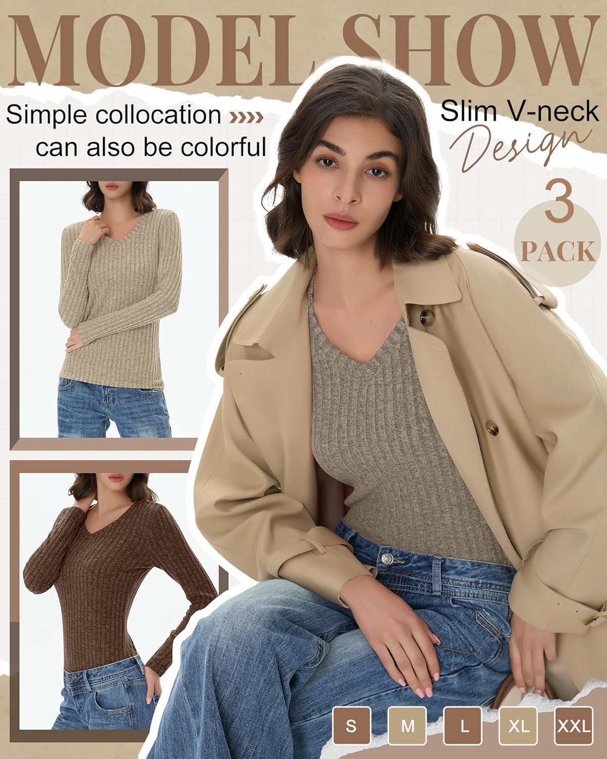 3 Pack Womens V Neck Sweaters Long Sleeve Ribbed Fitted Shirts Pullover Lightweight Sweater Thermal Fall Layer Top - Image 5