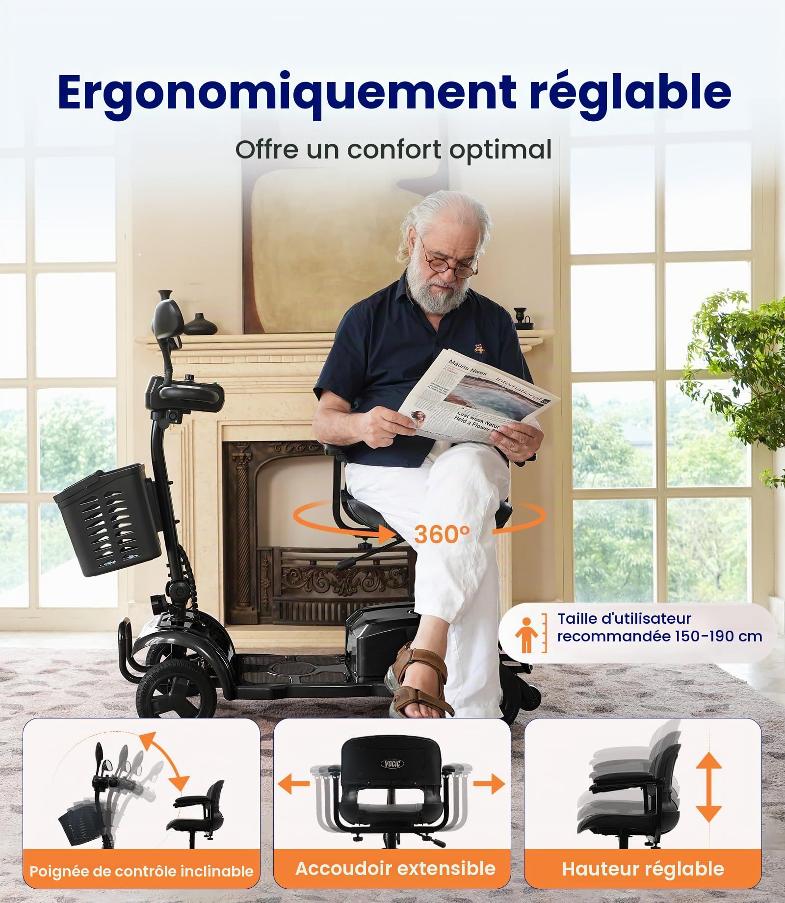 VOCIC Scooter de mobilité pliable à 4 roues pour seniors D42, 20 km | pneus tout-terrain résistants aux crevaisons, moteur de 250 W Mobilité, housse de protection incluse, Noir