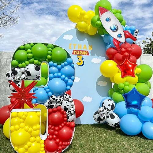 Miniatura 2 de Kit de arco de guirnalda de globos inspirados en juguetes de 162 piezas, rojo, azul, amarillo, verde, vaca, niño, estrella, cohete, estrella