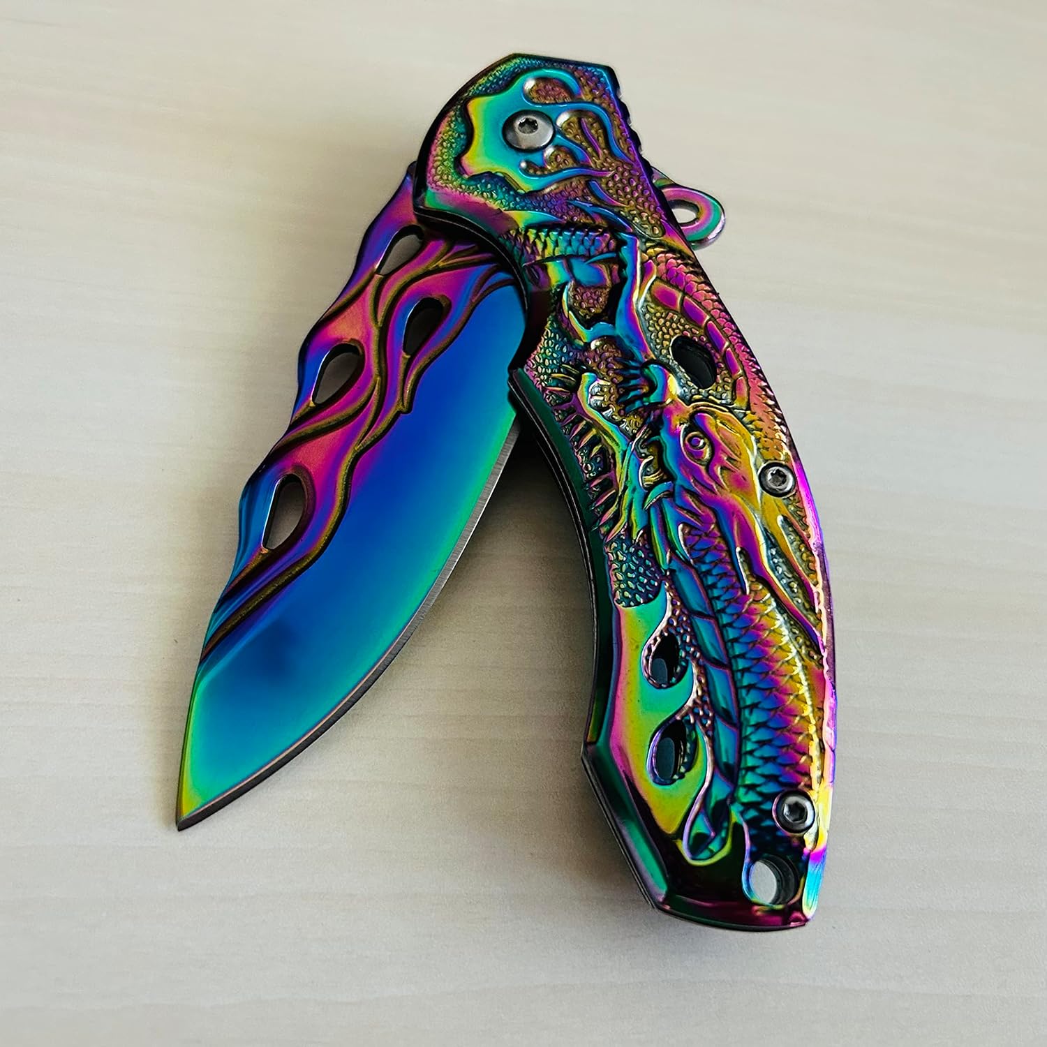 8" Rainbow Dragon Tactical Spring Assisted Open EDC Blade Folding Pocket knife