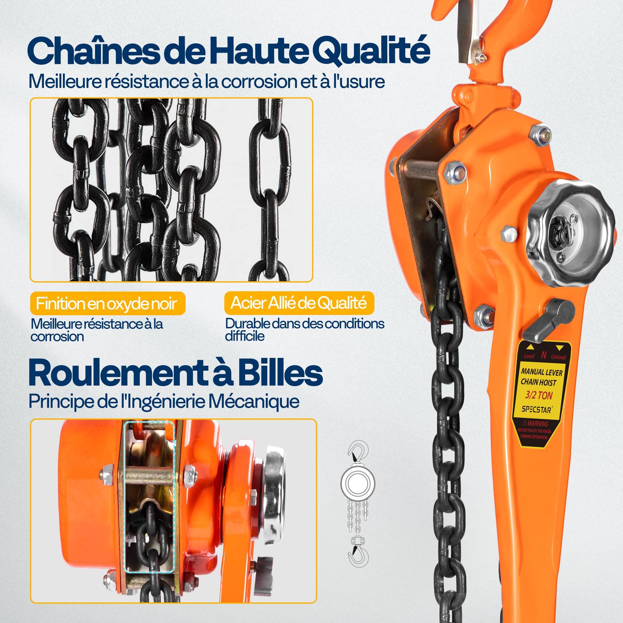 SPECSTAR Palan à Levier Manuel 1500kg Palan à Chaîne à Cliquet G80 Frein Double Cliquet Guidage de Chaîne Crochet Orientable à 360° pour Marchandises Garage Quai Usine