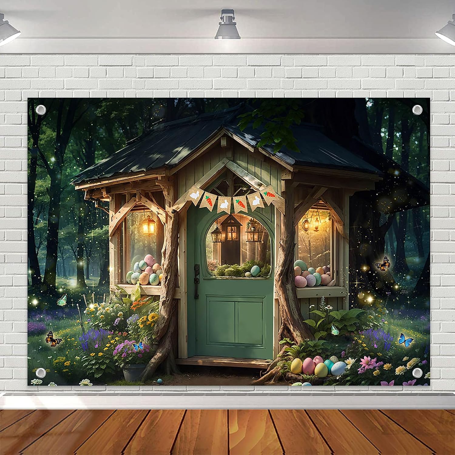 Avezano Spring Enchanted Forest Backdrop Easter Fairy Tale Wonderland Log Cabin Baby Shower Party Decorations Spring Butterfly Flower Eggs Background for Girl's Birthday Party Decor (8x6ft)