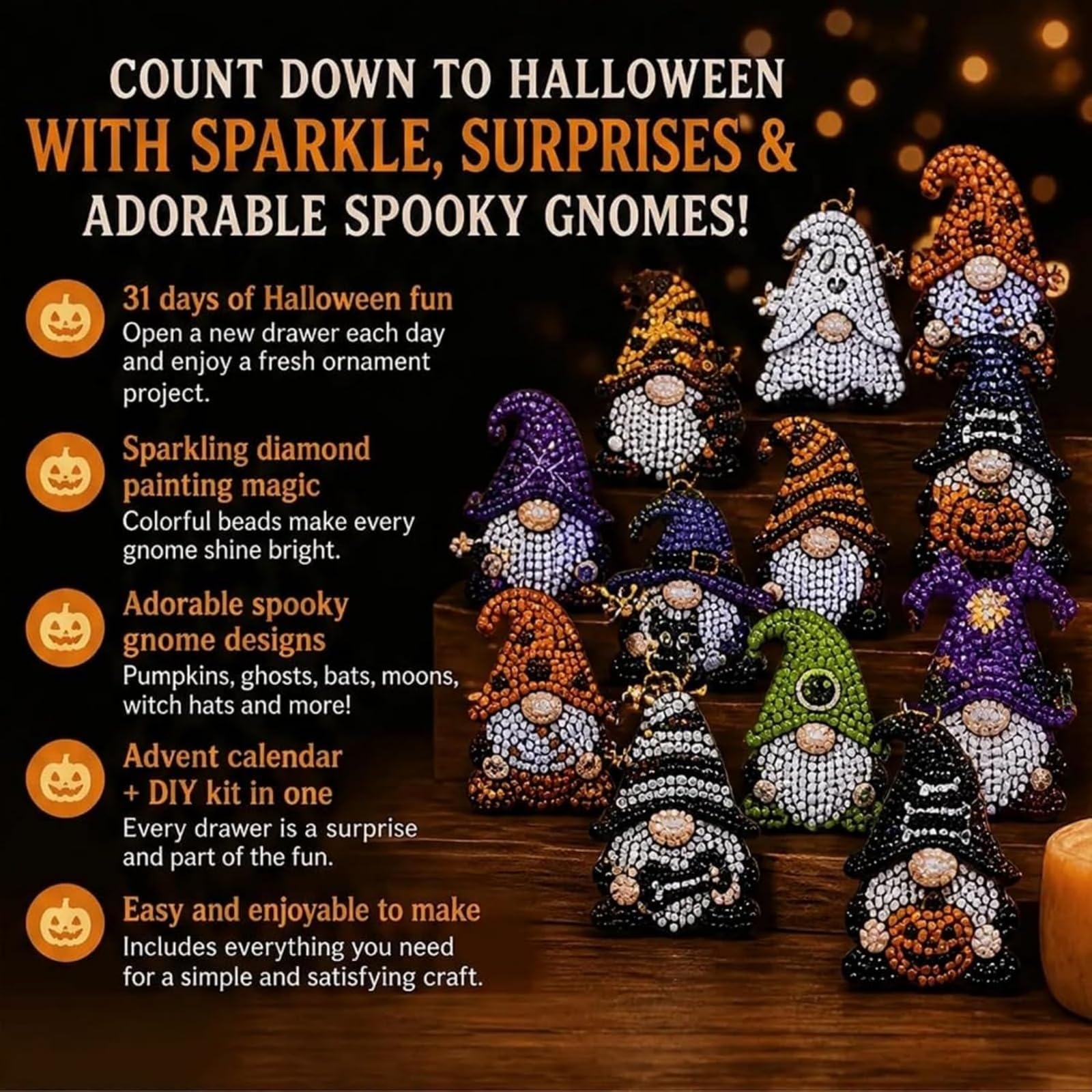 Calendario dell'Avvento con pittura con diamanti di Gnome Halloween | Kit Fai-da-Te con 31 Ornamenti a Forma di Gnomo, Set Completo di Diamond Painting con Strumenti e Perline, Regalo Creativo
