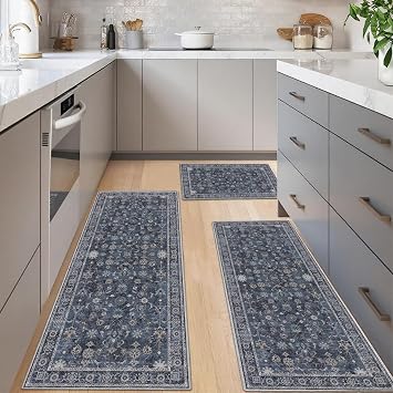 Tangsoo Machine Washable Rug 2x3 and 2x5 and 2x6 Rug for Kitchen, Area Vintage Floral Rug Non Slip Print Distressed Navy Blue Carpet,Soft Low Pile Boho Rug Entryway Bedroom