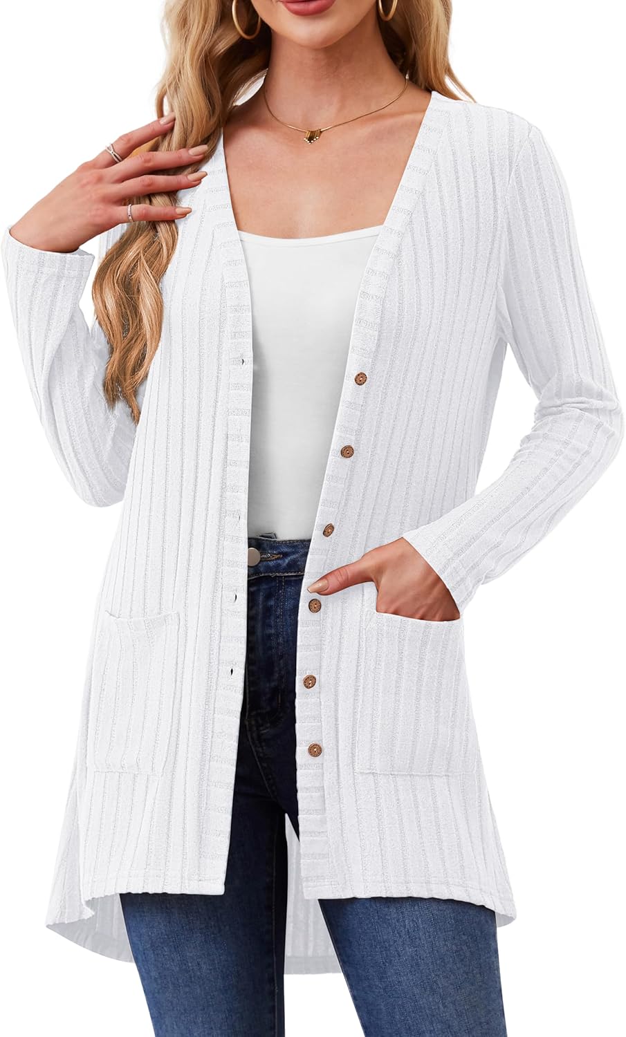 YuYukan Women Cardigans Open Front Lightweight Button Down Duster Long Cardigan Vertical Stripes Pockets for Casual Fall