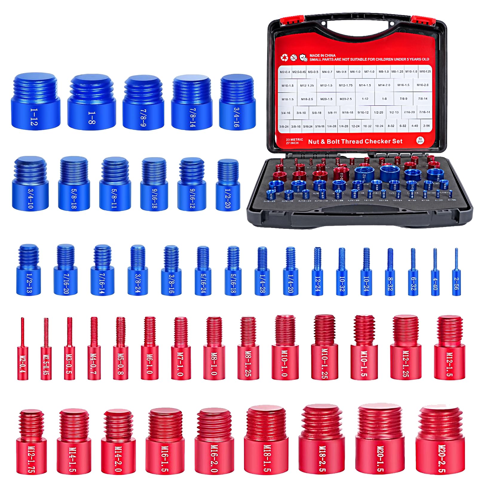 Gewindelehre Set 50-Teiliges, Aluminiumlegierung Gewindelehre, mit Metrisches und Zoll-Gewinde, Ideal zum Messen und Prüfen von Gewindegrößen