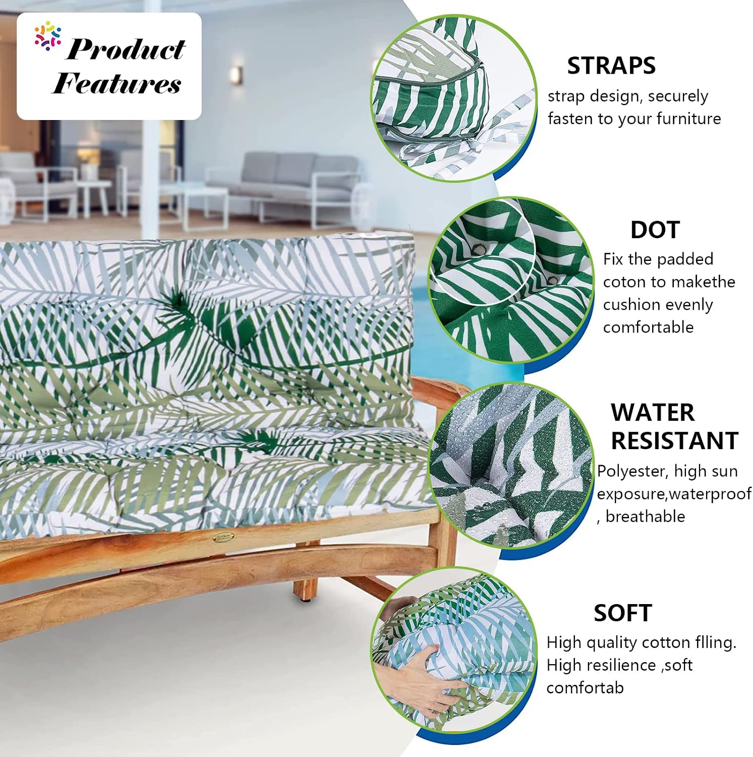 Swing Replacement Seat Cushions, Outdoor Swing Cushions 3 Seater Waterproof Porch Swing Cushions with Backrest Bench Cushion for Patio Backyard Garden Furniture (Bamboo Leaves 60x40in)