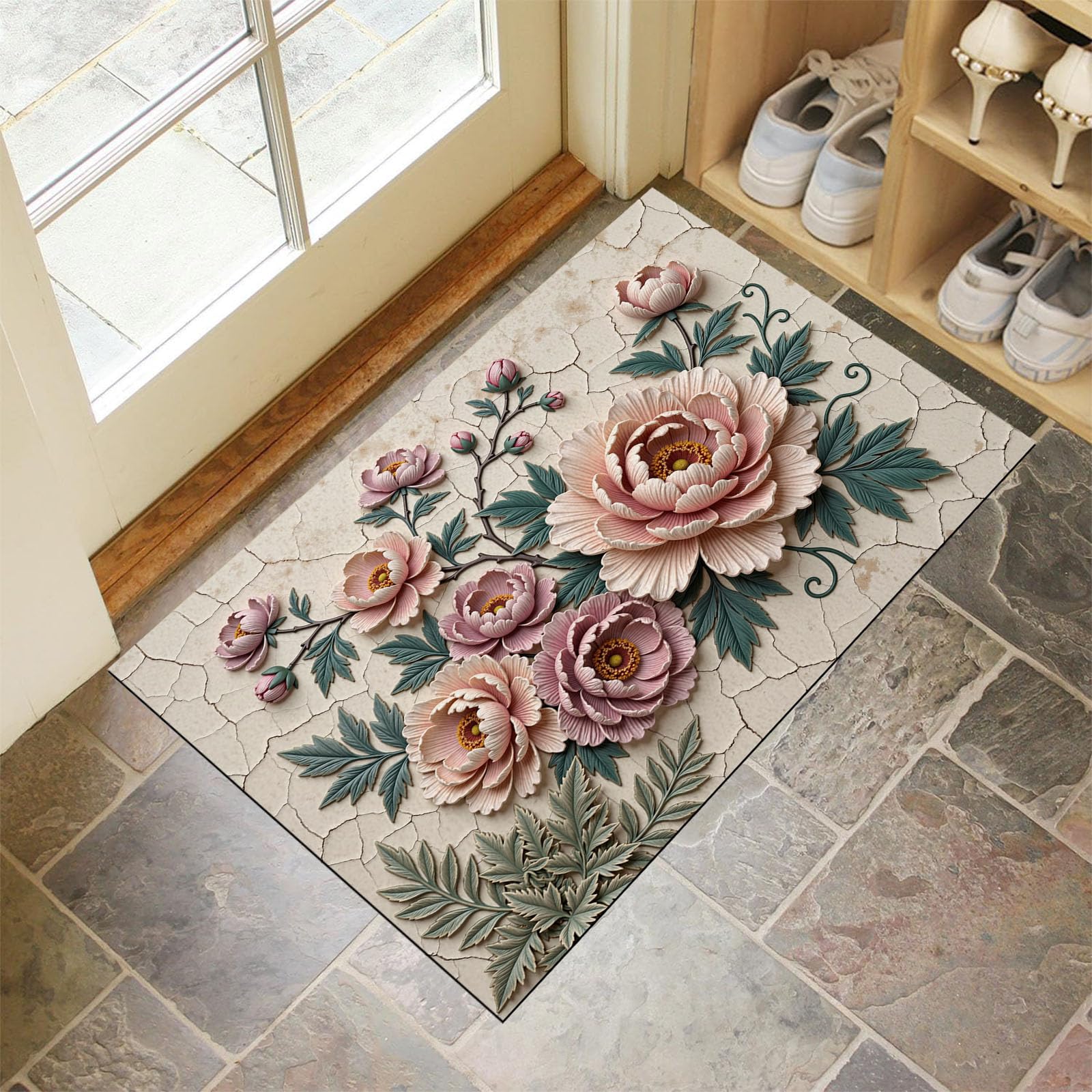 Tapis relief craquelé de pivoine 3D crème 50x80cm lavable