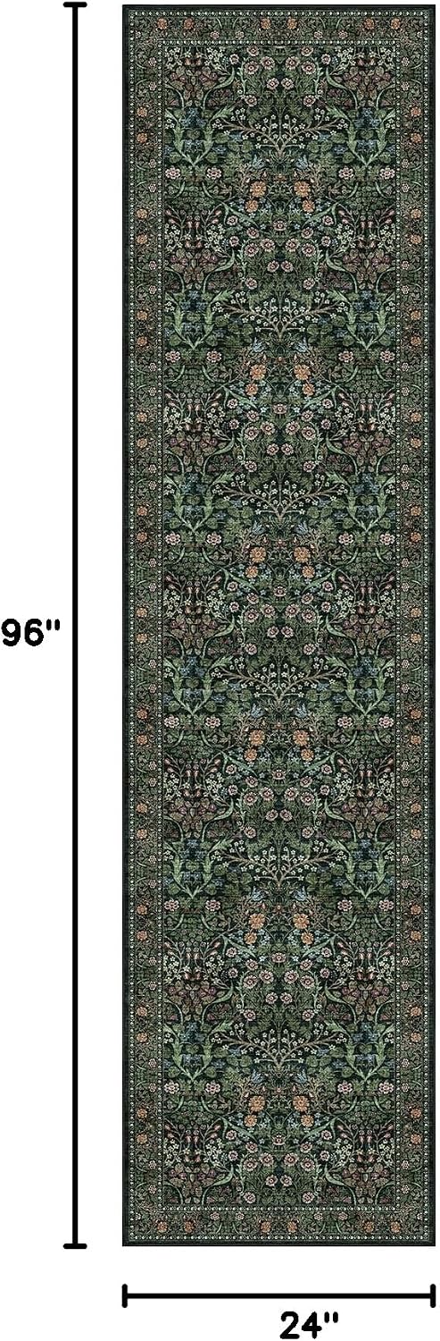 Non Slip Washable Kitchen Runner Rug - 2x8 Long Green Hallway Runner Rugs Soft Boho Runners for Hallways Vintage Floral Bedroom Rug Floor Carpet for Entryway Laundry Room Bathroom Foyer