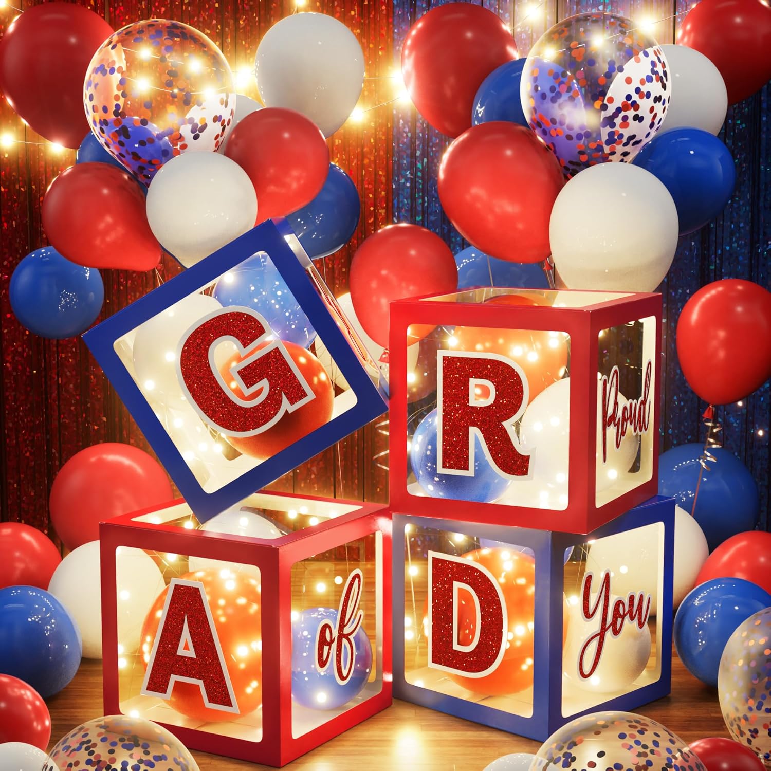 Ecomore 2026 Graduation Decorations - 86 PCS Graduation Party Decor Supplies Set Includes LED Light Strings Balloon Block Boxes with Letters Foil Curtains Backdrop 2026 Balloon Garland Kit - Red Blue