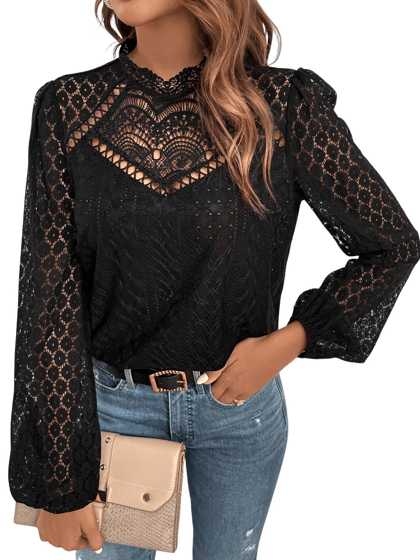 GORGLITTER Blusa elegante para mujer, cuello alto, manga larga, encaje, túnica, blusa con mangas de farol