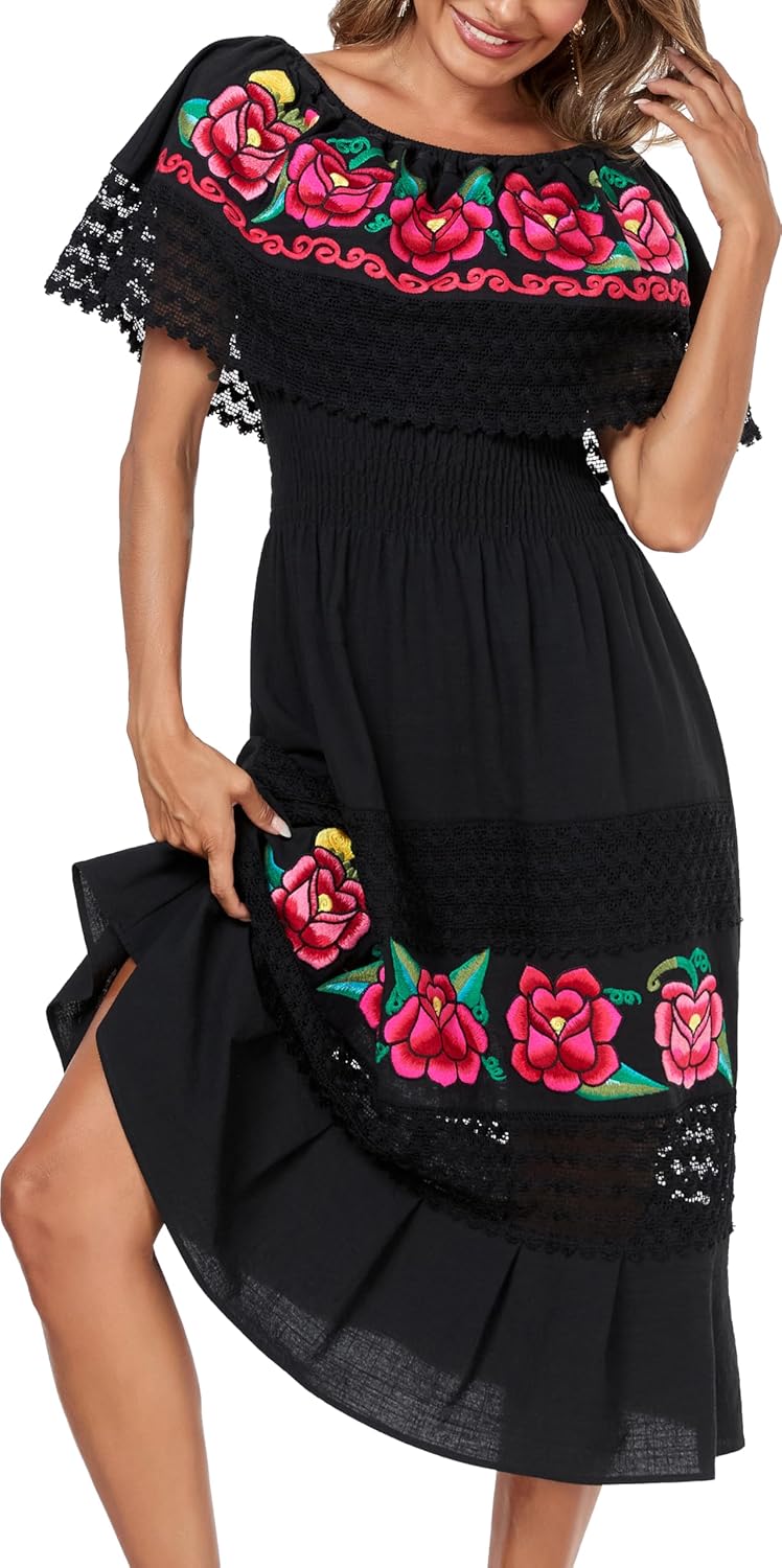 YZXDORWJ Women Embroidered Mexican Peasant Casual Sexy Lace Off-Shoulder Long Dress - Image 2
