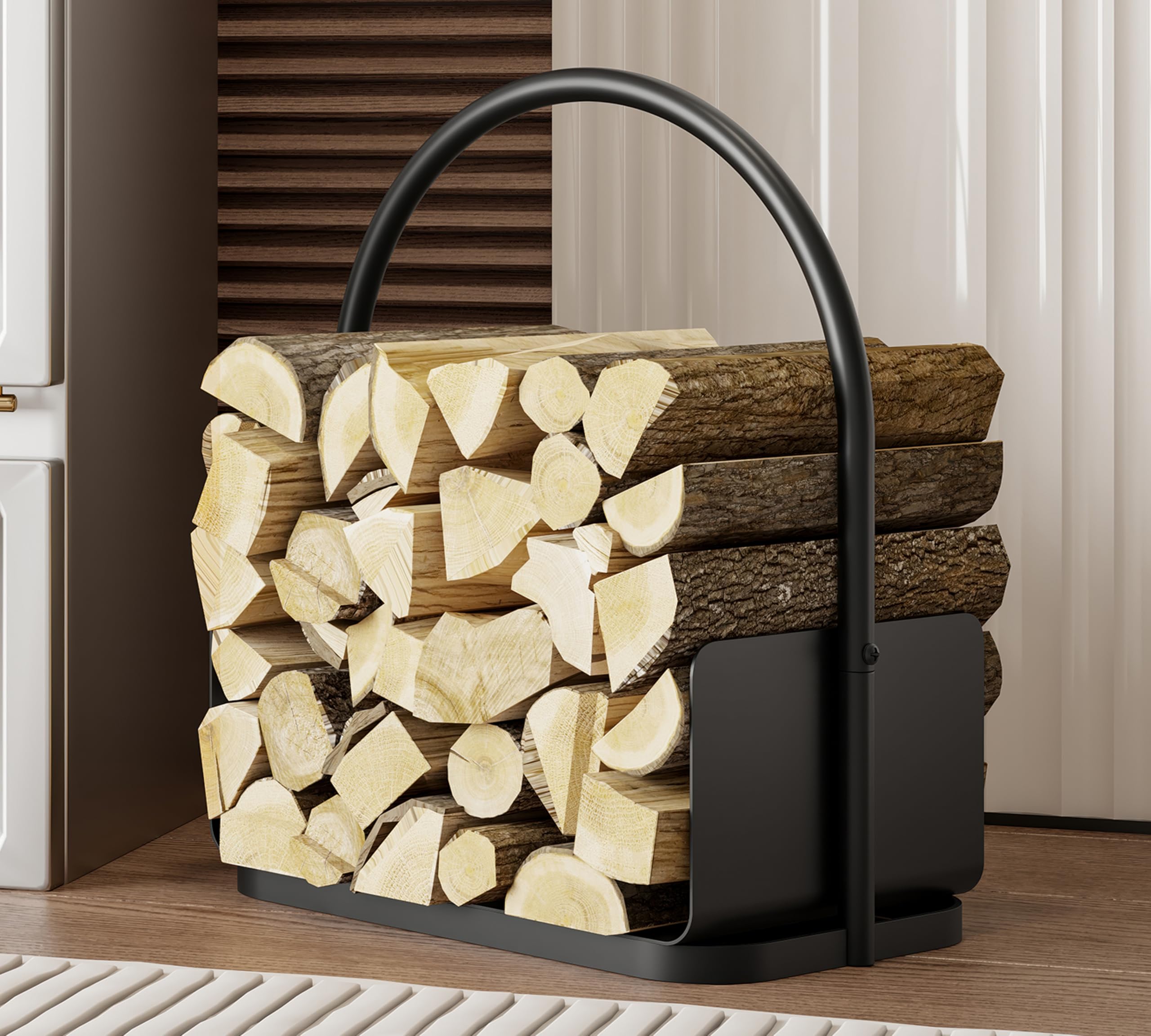 Kingson Panier à bois de cheminée – Porte-bûches en acier à revêtement poudré noir avec poignée et bord surélevé – 42 x 28 x 42 cm – Étagère de rangement de bois pour cheminée intérieure et extérieure