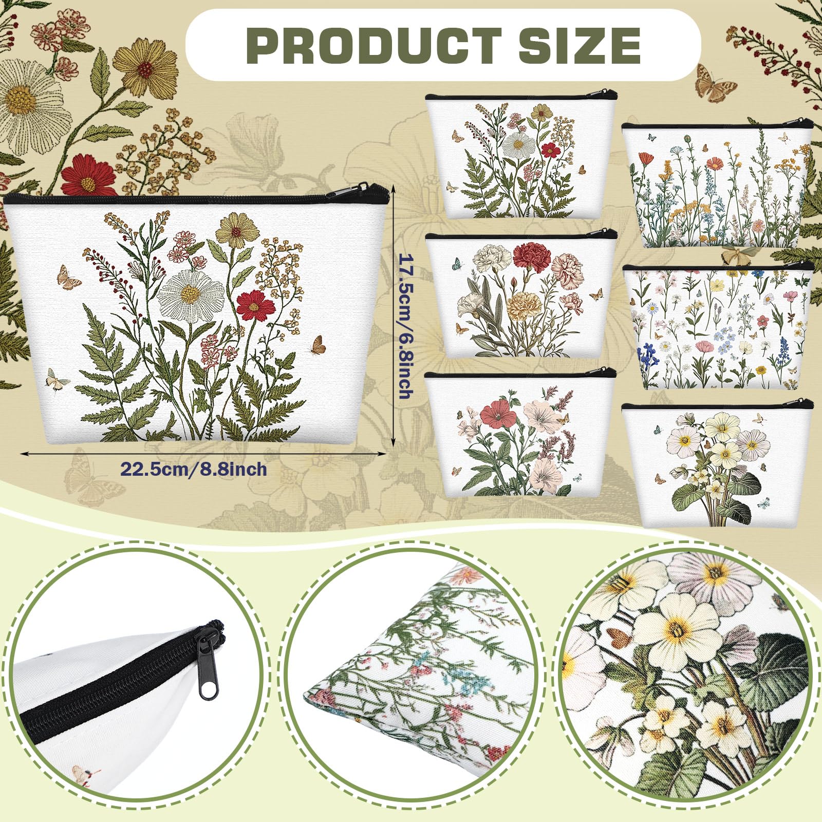 Sweetude 12 Pcs Spring Flowers Makeup Bag Bulk Portable Travel Cosmetic Bags with Zipper Wildflower Floral Waterproof Roomy Travel Beauty Toiletry Organizer Storage Pouch for Women Spring Gifts