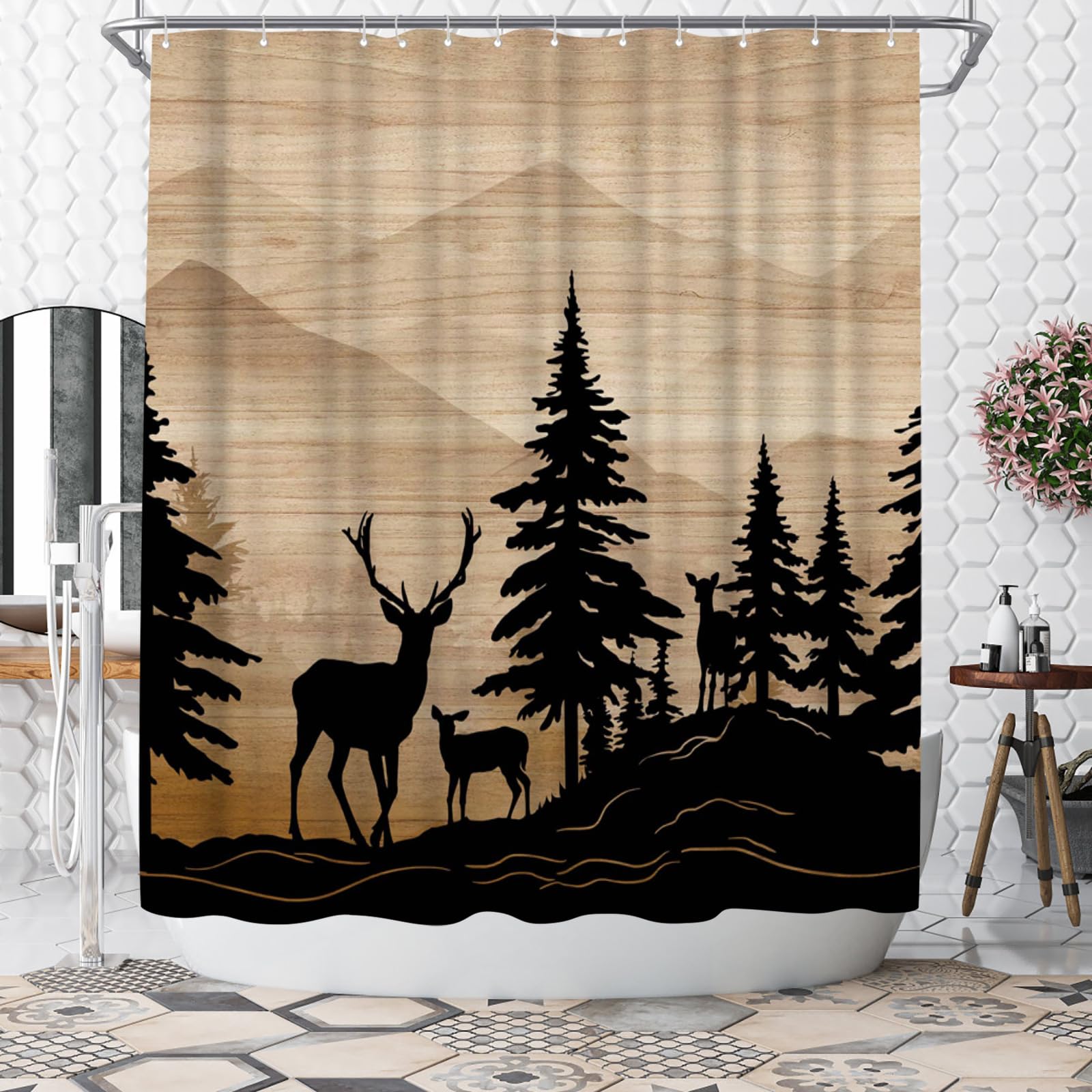 WELMECO Deer Shower Curtain Rustic Hunting Deer Shower Curtain Forest Woodland Cabin Bathroom Decor 72x72inch Polyester Fabric