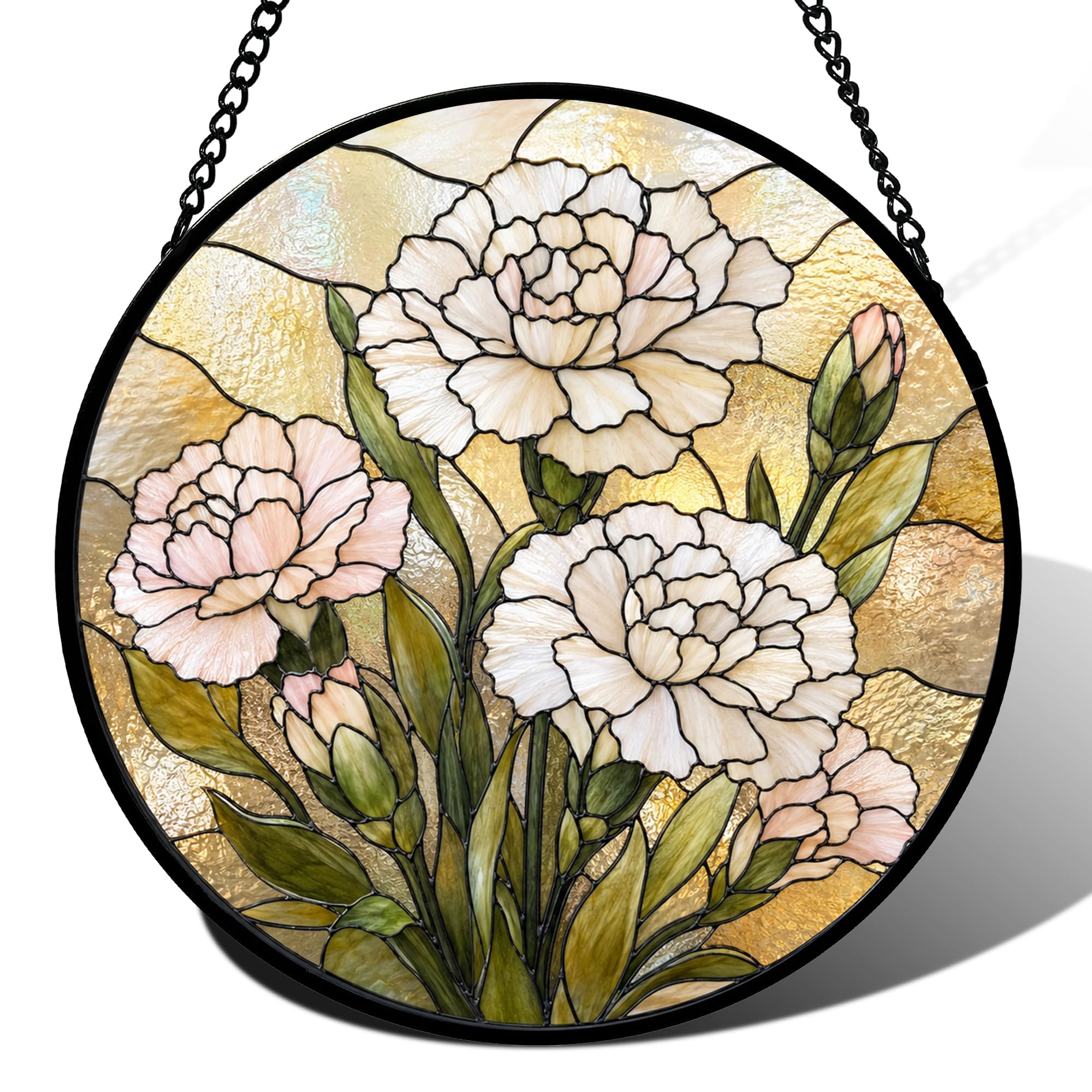 Birth Month Flowers Stained Glass Window Hanging, Sun Catcher for Window, Stained Glass Kit Style Floral Suncatcher, Round Flower Decor for Indoor Window Wall Garden Gift (Carnation)