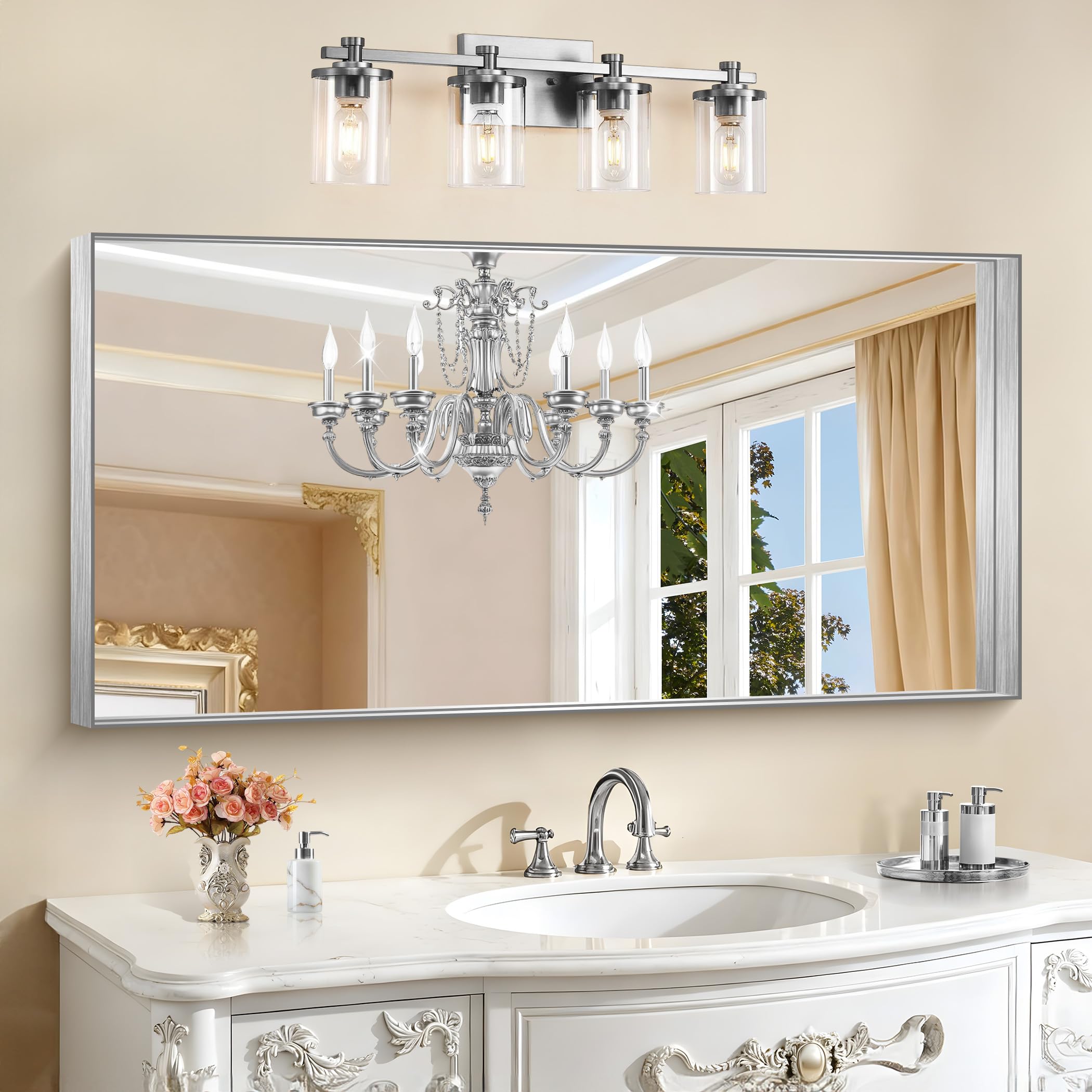 Photo 1 of CIRCUMI Silver Bathroom Mirror, 24"x48" Rectangular Mirror with Deep Metal Frame, Brushed Finish, Tempered Glass, Large Mirror for Wall, Over 2 Sinks, Installed Vertically/Horizontally, Crystal-Clear