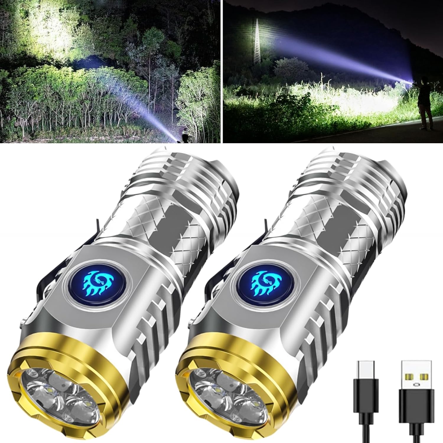 Three-Eyed Monster Mini Flash Super Power Flashlight, German Thumb Sized, Outdoor Small High Lumen Rechargeable Waterproof Pocket Flashlight (Silver+Black)