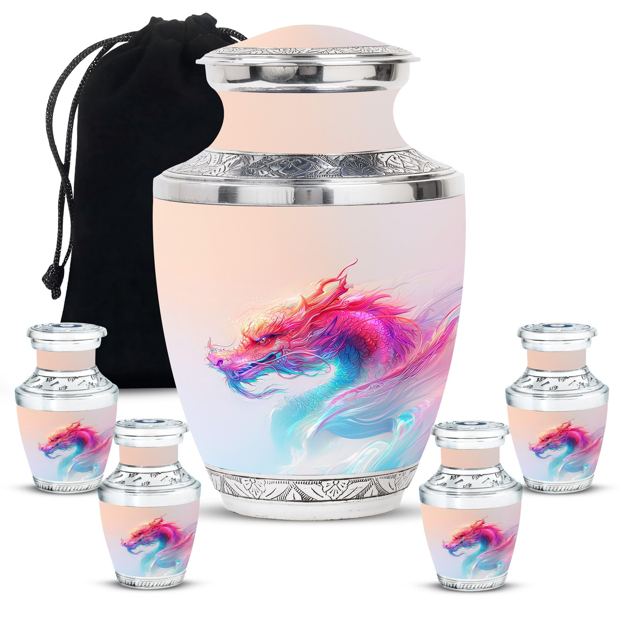 YATHABHISA Dragon Urn, Combo of 1 Large Urn with Velvet Bag and 4 Small - Funeral Urn Ashes - Mini Urn for Ashes - Large Urns for Human Ashes Cremation Keepsake & Large Urns for Mom & Dad