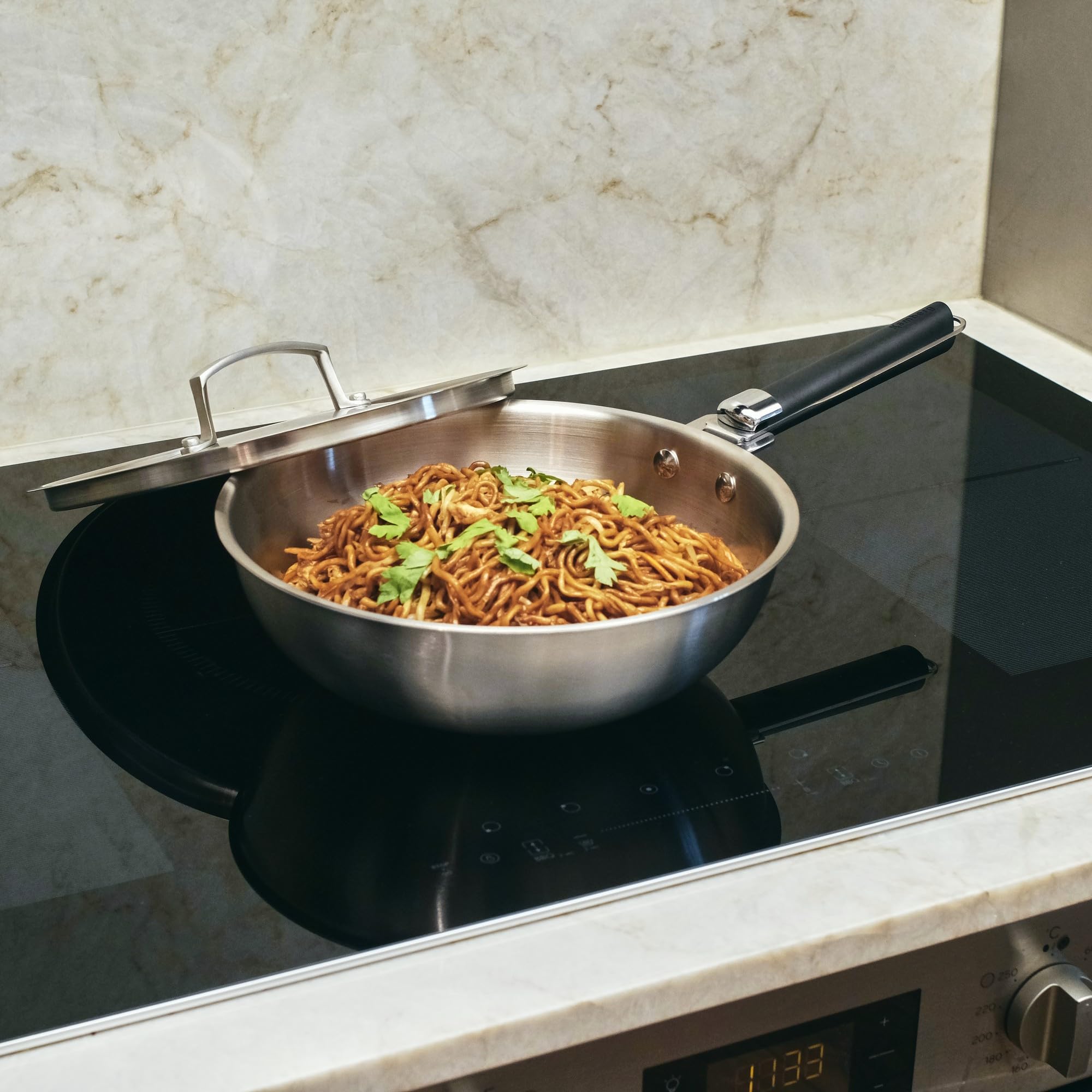 Kamberg - Wok inox 24 cm manche amovible - Acier inoxydable 18/10 Triply - Tous feux dont induction et four, Gris