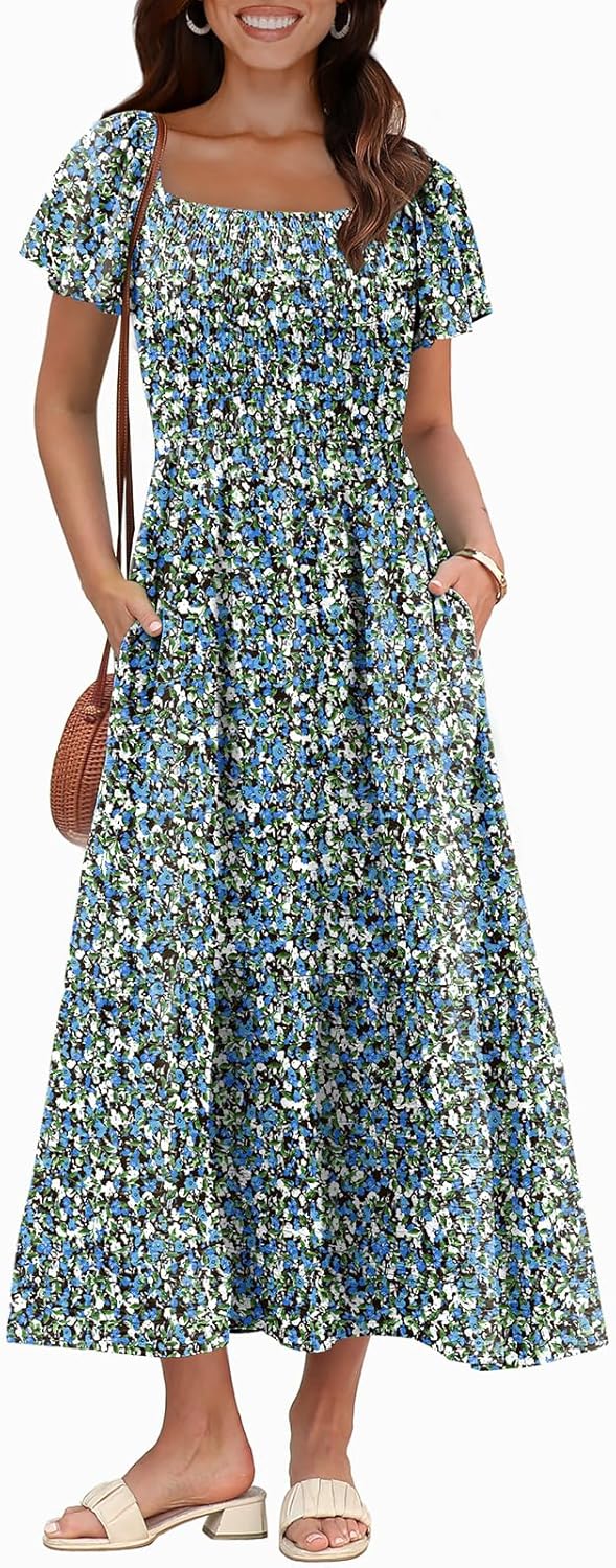 OFEEFAN Summer Dresses for Women Square Neck Ruffle Sleeve Smocked Maxi Dress with Pockets - Image 3