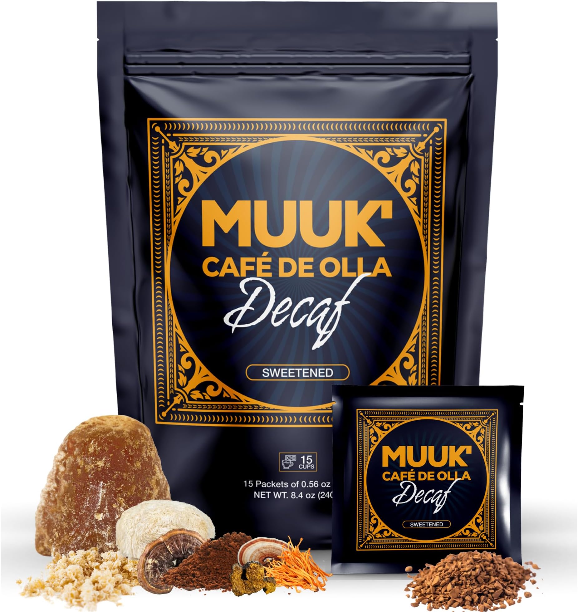 MUUK' DECAF DE OLLA | Decaffeinated Mushroom Coffee | Café de Olla Flavor | Piloncillo Sweetened | Adaptogen Superfoods Blend | Better Focus, More Energy, and Stronger Immune Defense | 15 cups