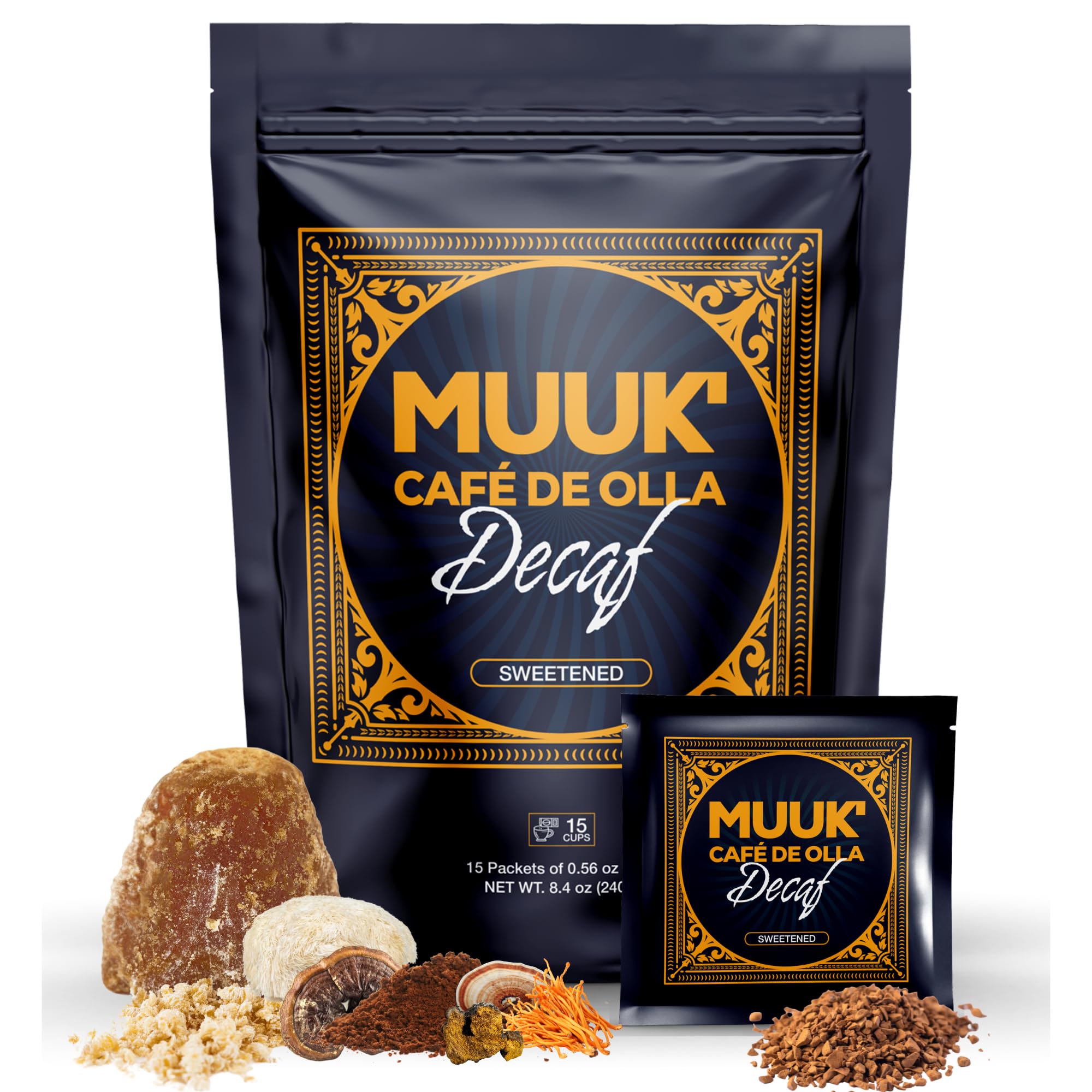 MUUK' DECAF DE OLLA | Decaffeinated Mushroom Coffee | Café de Olla Flavor | Piloncillo Sweetened | Adaptogen Superfoods Blend | Better Focus, More Energy, and Stronger Immune Defense | 15 cups