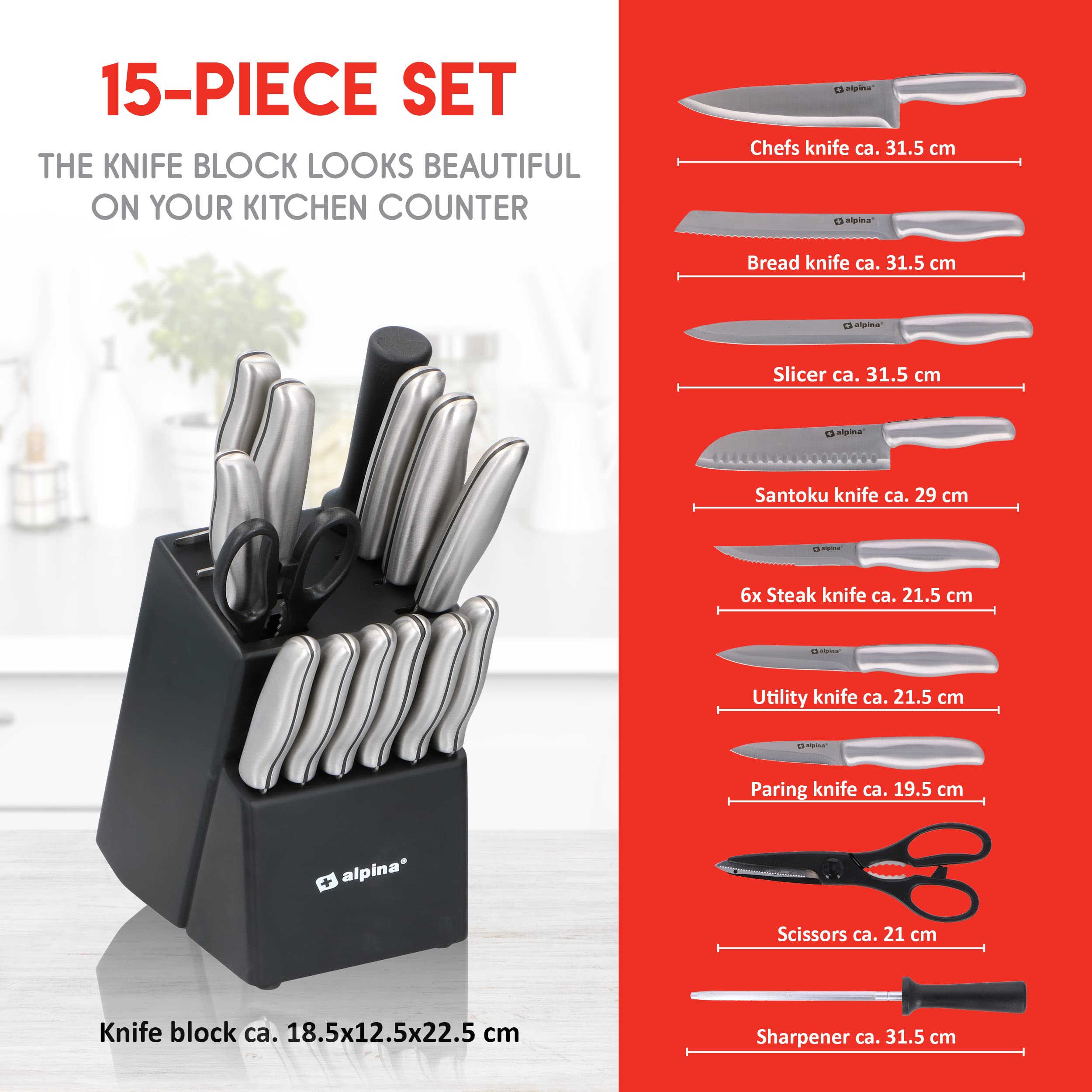 alpina Messerblock 15-Teilig - Messerset mit Block - Küchenmesser Set - 12 Verschiedener Messer - Inkl. Schärfer und Schere mit Antihaftbeschichtung - 29 x 13 x 35 CM - Edelstahl