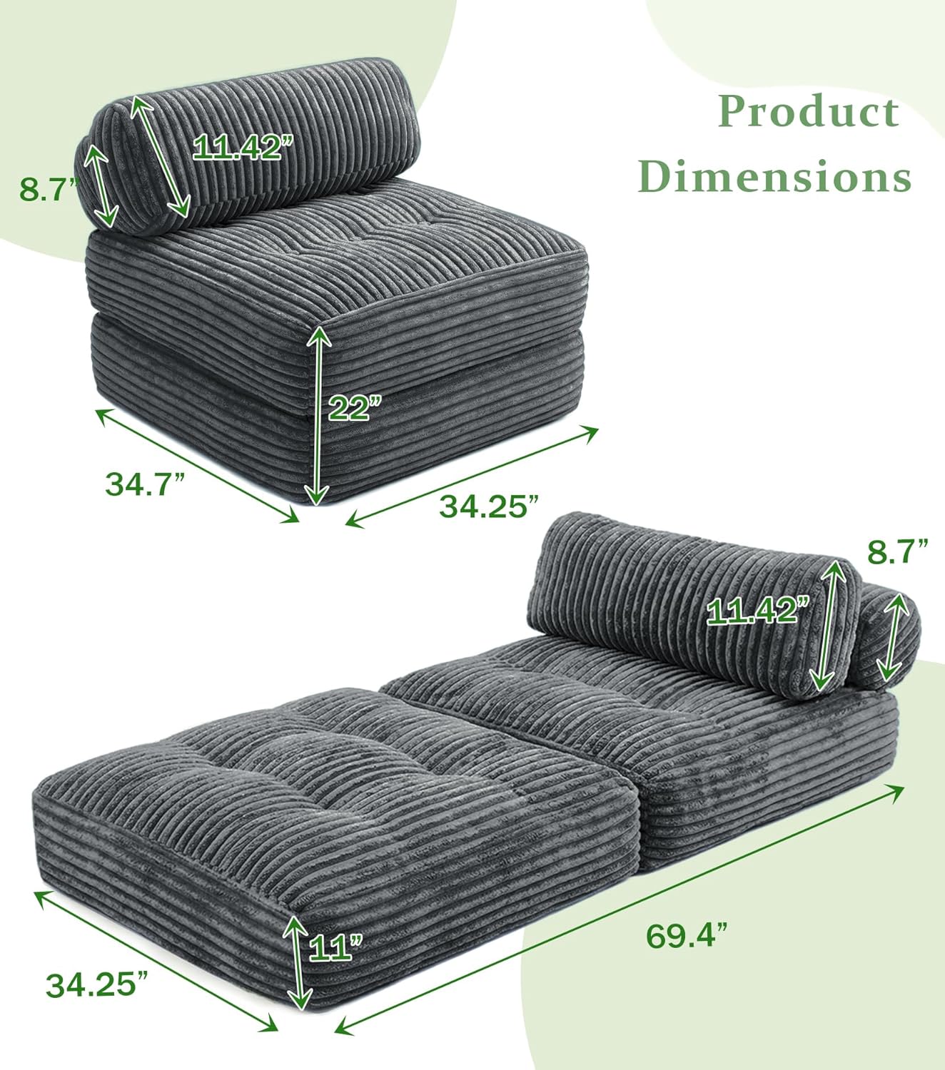 Welzona Plush Corduroy Folding Sofa Bed, Free Setup Floor Beds, 34" Boneless Couch for Small Spaces, Corner Chair, Convertible Sleeper Chair, Corner Couch, Foldable Sleeper Sofa Beds, Cloud Grey