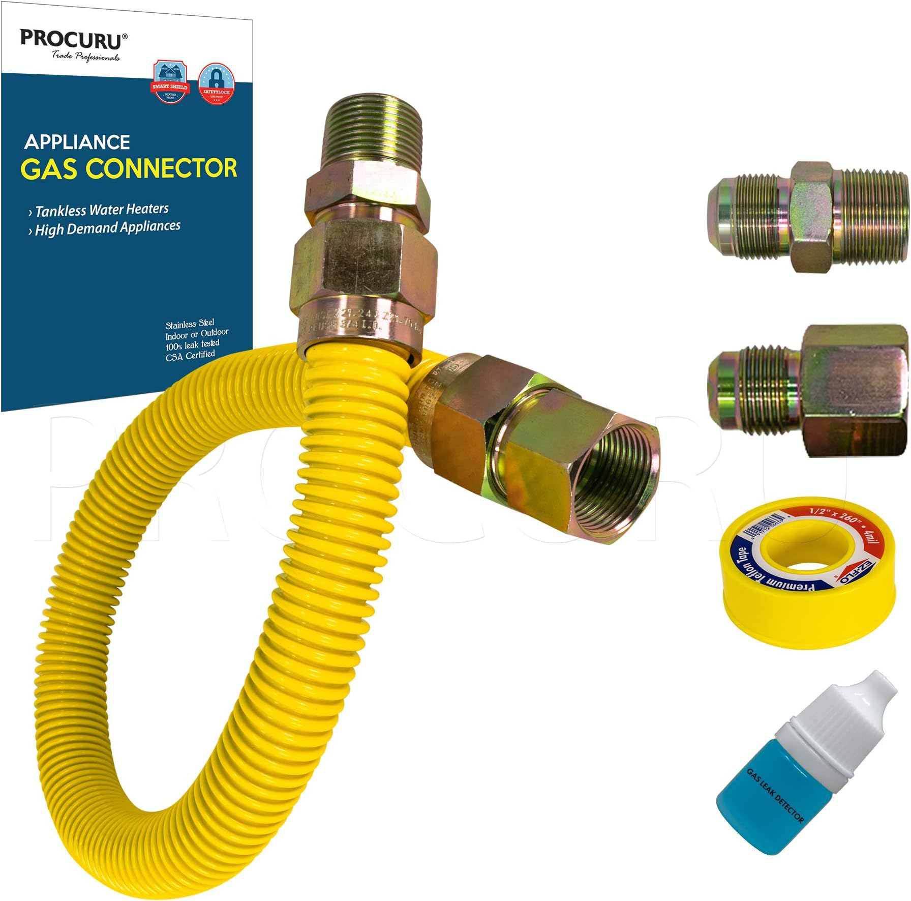 PROCURU 1" OD x 18" (1.5Ft) x 3/4"MIP x 3/4"FIP Universal Gas Flex Connector Kit, With or Without Service Valves, MaxFlow High Capacity Stainless Steel Tubing for Tankless Water Heater (Blue Series)
